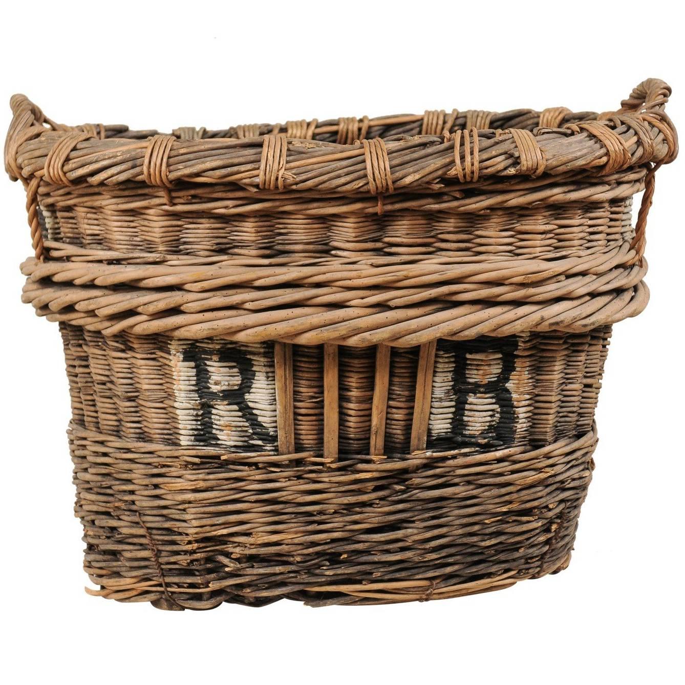 Mid Century French Grape Harvesting Woven Wicker Basket with Two Handles