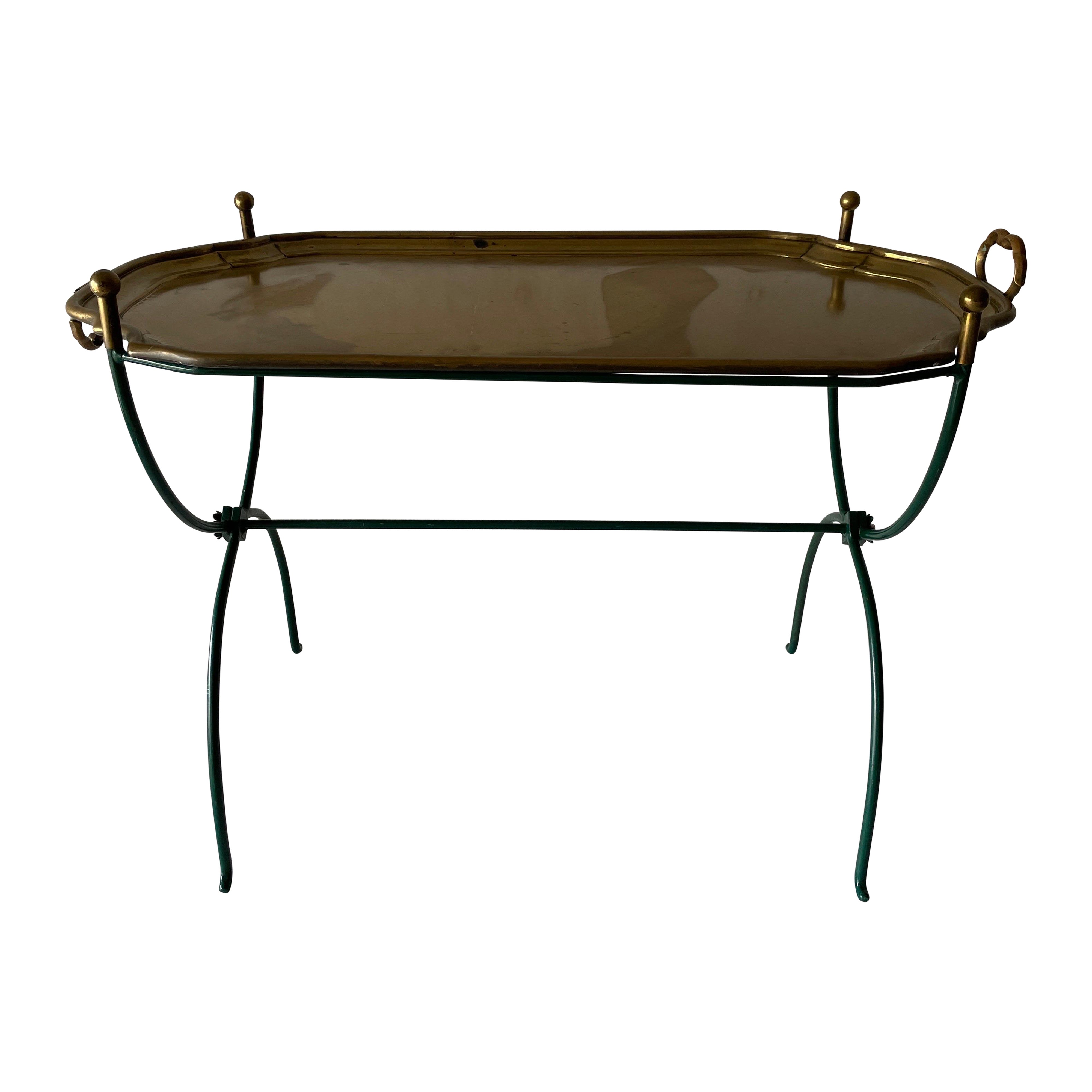Mid-century French Green Folding Body Table with Brass Tray, 1950s, France For Sale