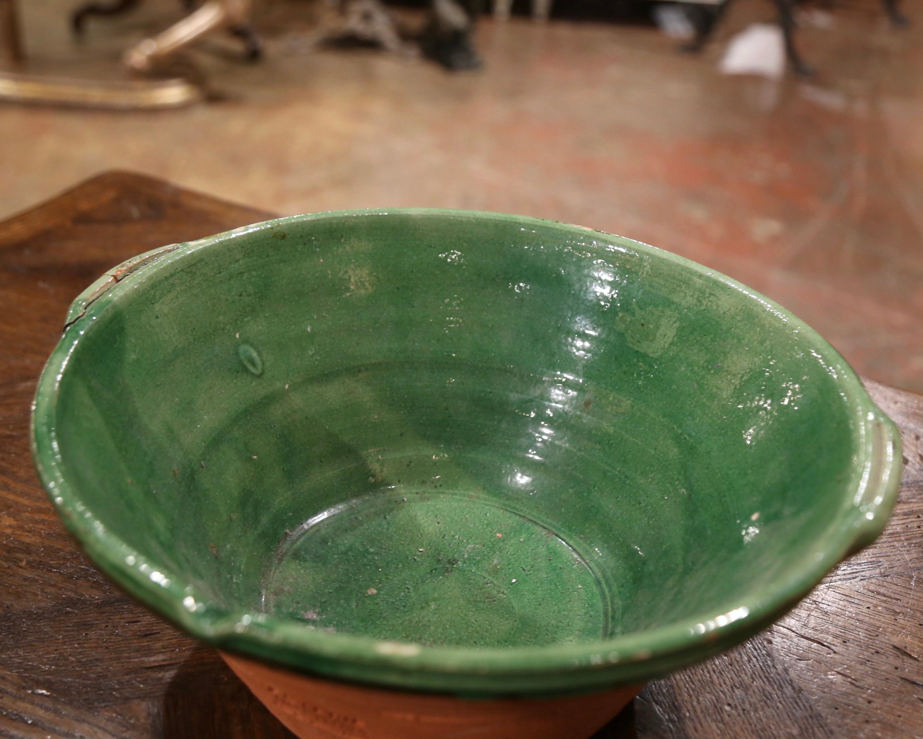 Country Mid-Century French Green Glazed Terracotta Decorative Bowl from Provence For Sale