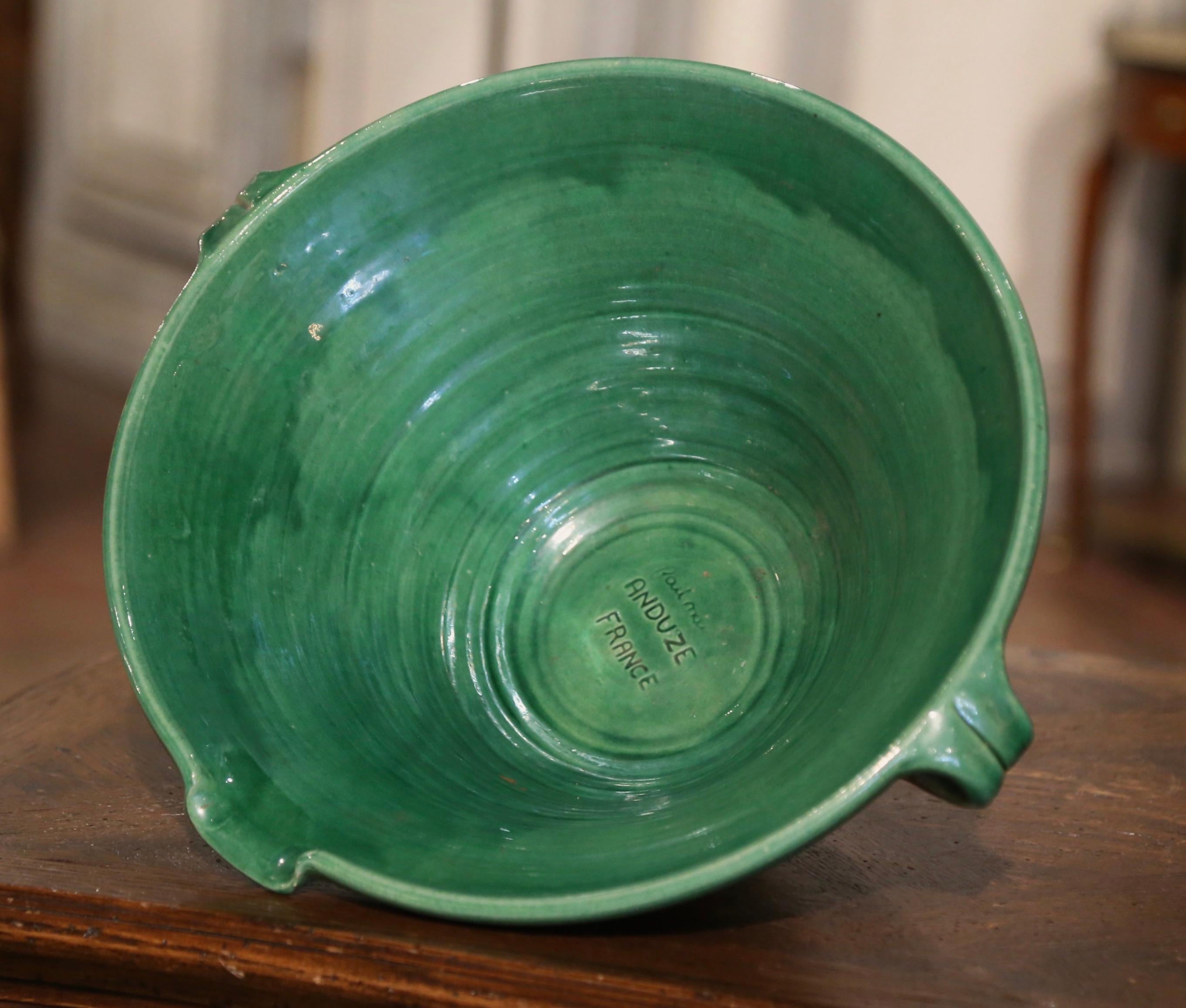 Country Mid-Century French Green Glazed Terracotta Tian Bowl from Anduze Provence For Sale