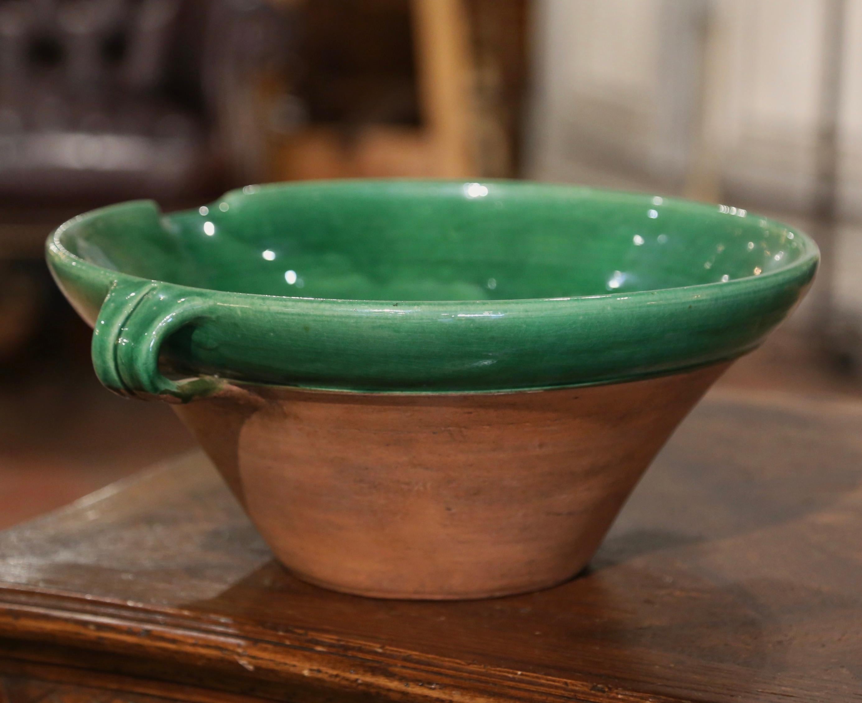 Mid-Century French Green Glazed Terracotta Tian Bowl from Anduze Provence In Excellent Condition For Sale In Dallas, TX