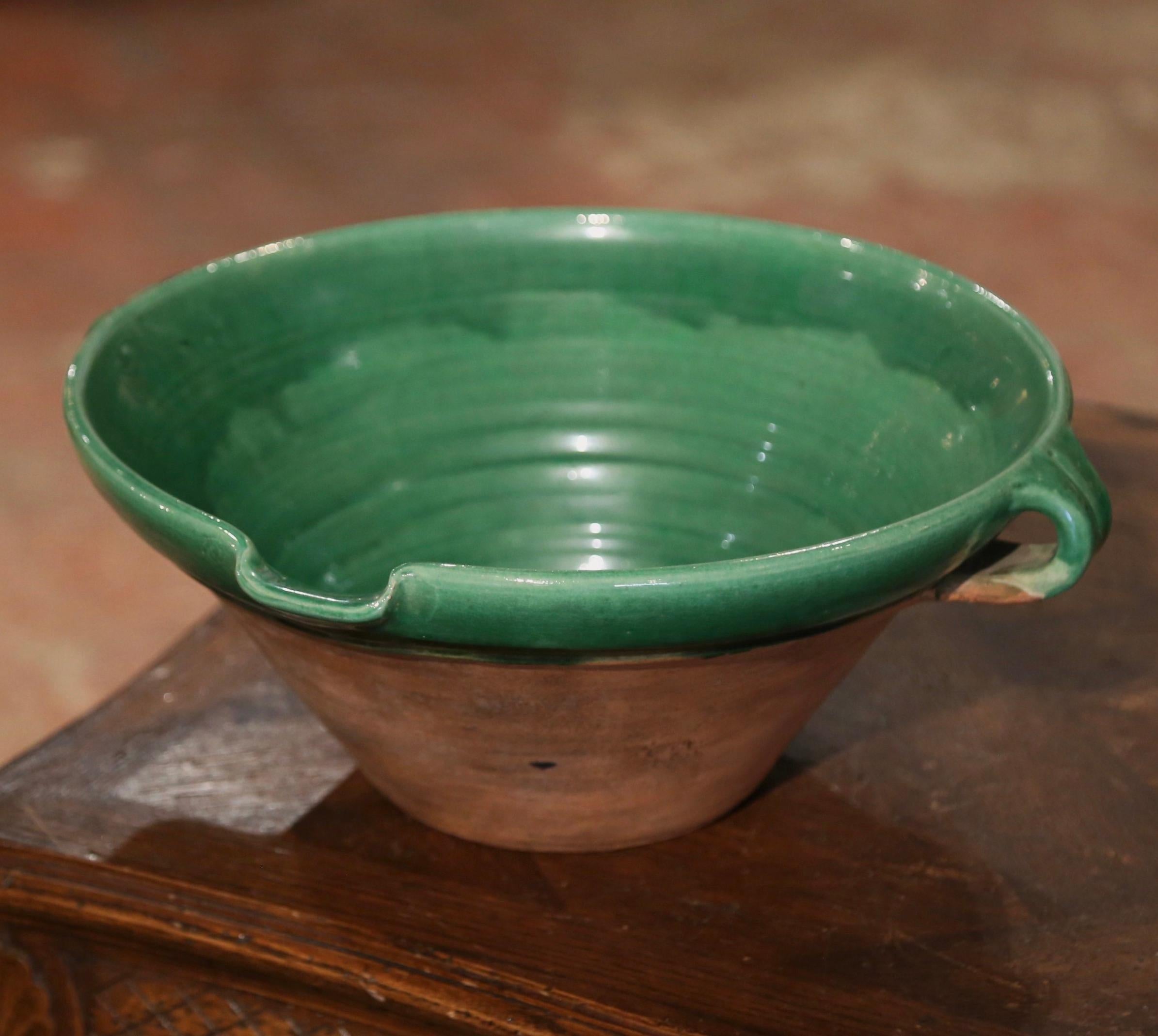 20th Century Mid-Century French Green Glazed Terracotta Tian Bowl from Anduze Provence For Sale
