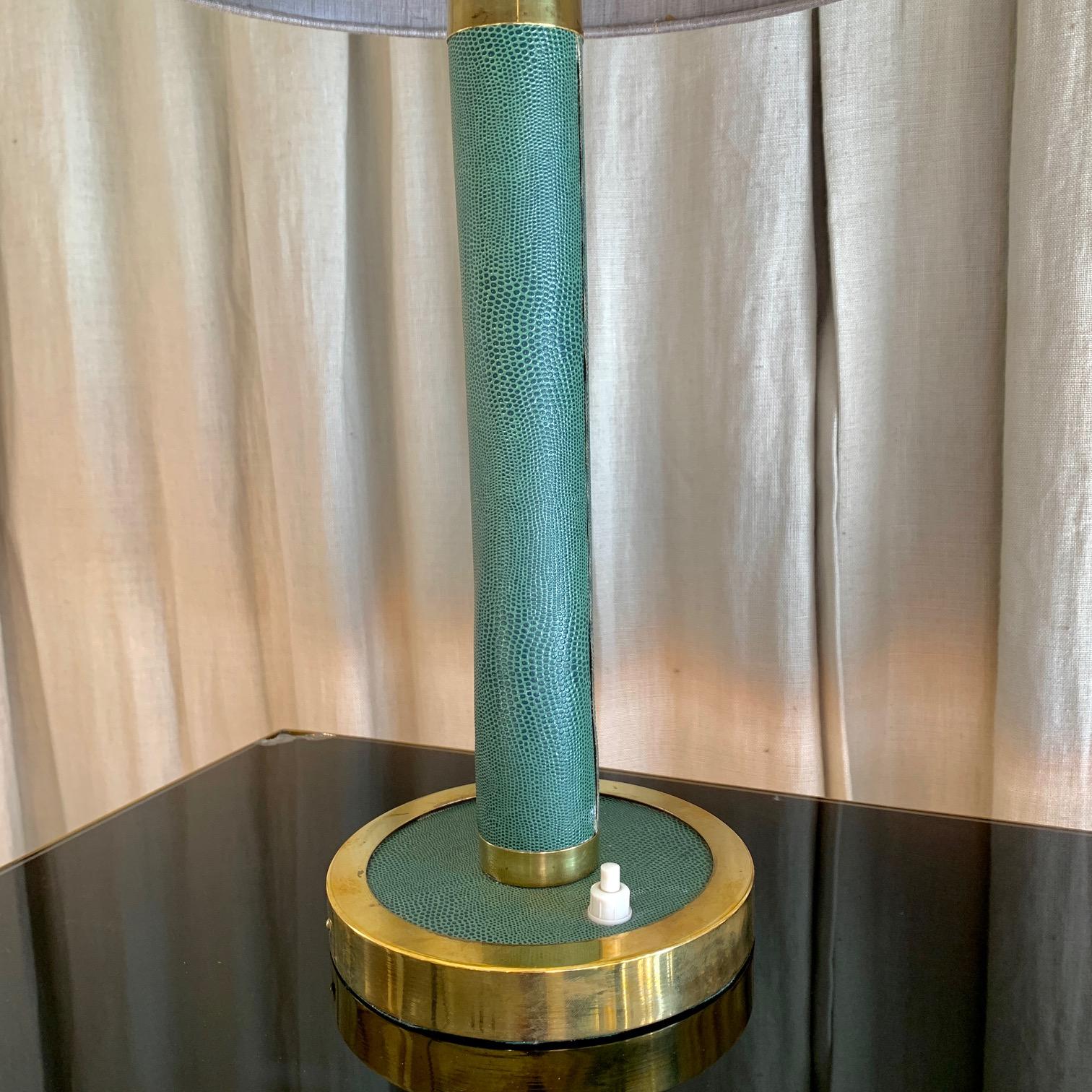 20th Century Midcentury French Green Leather and Brass Table Lamp