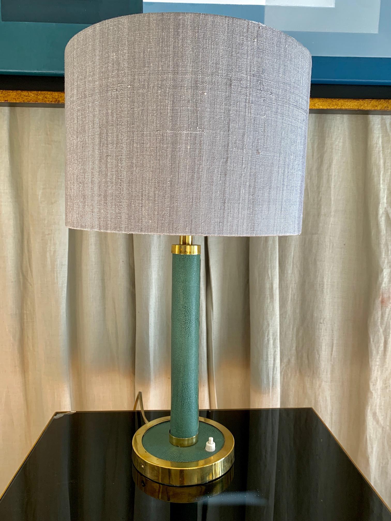 Midcentury French Green Leather and Brass Table Lamp 2