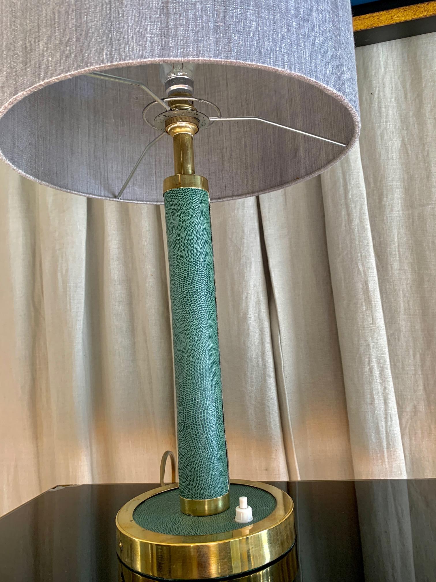 Midcentury French Green Leather and Brass Table Lamp 3