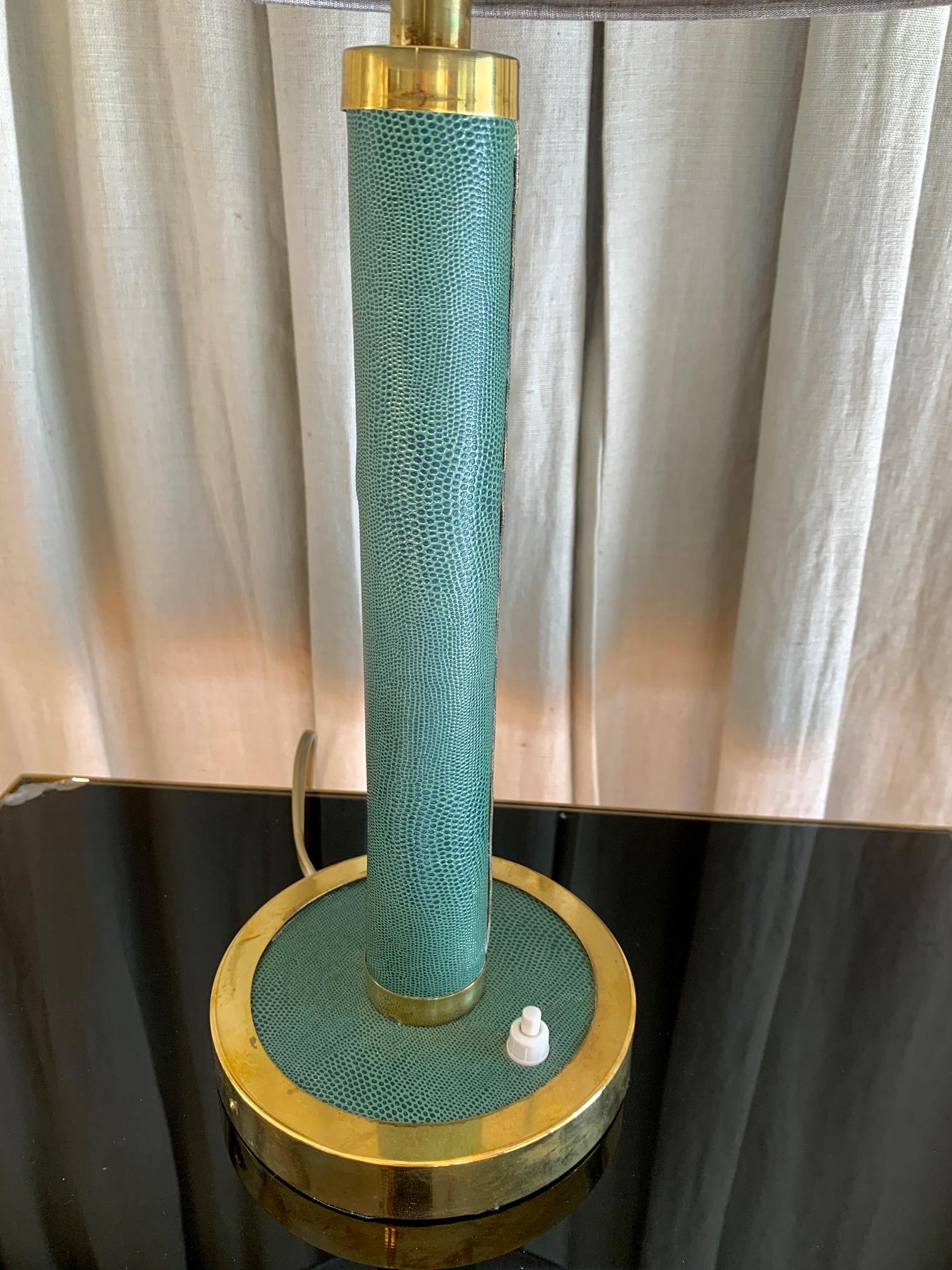 Midcentury French Green Leather and Brass Table Lamp 4