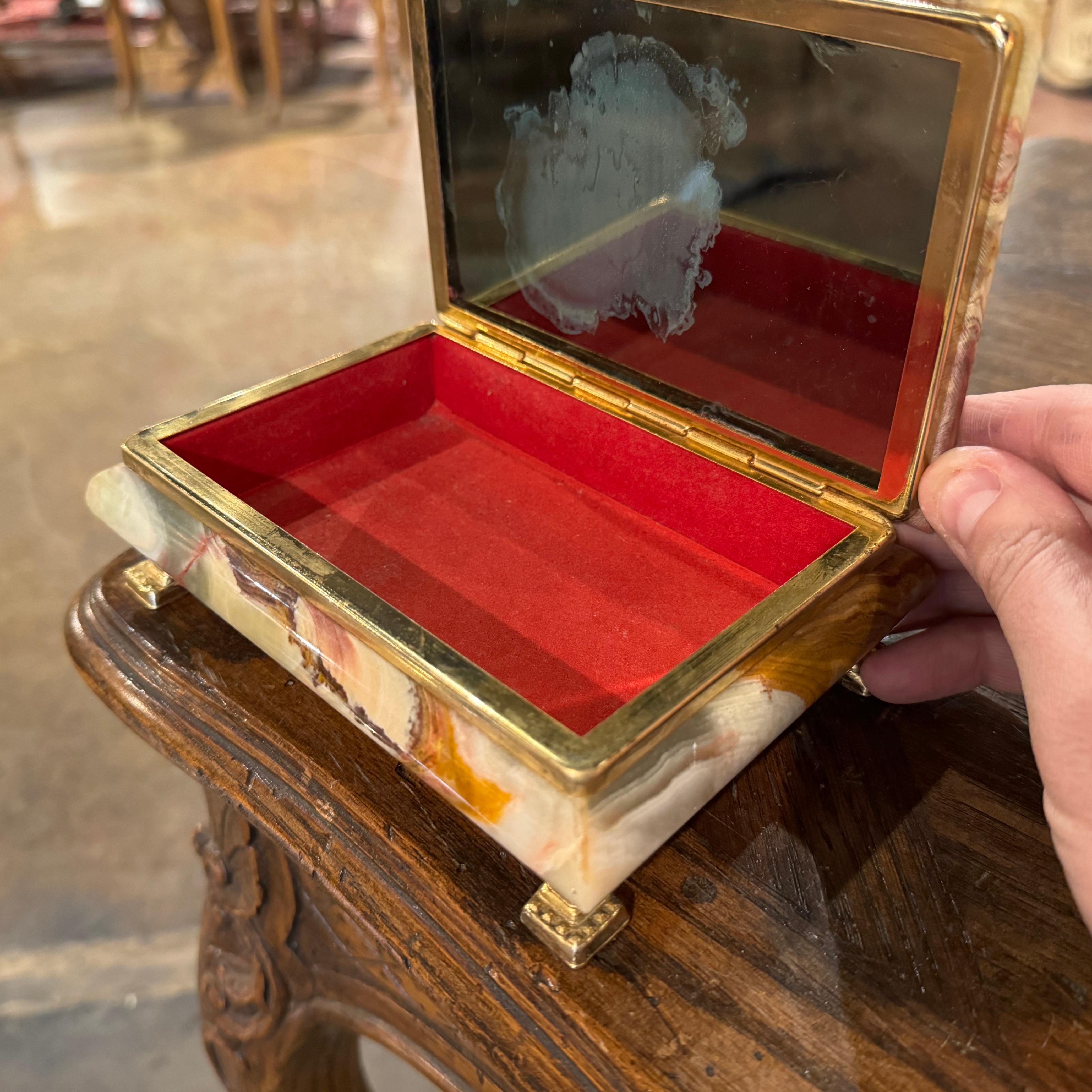 Mid-Century French Green Marble and Brass Jewelry Box Casket with Inside Mirror In Excellent Condition For Sale In Dallas, TX