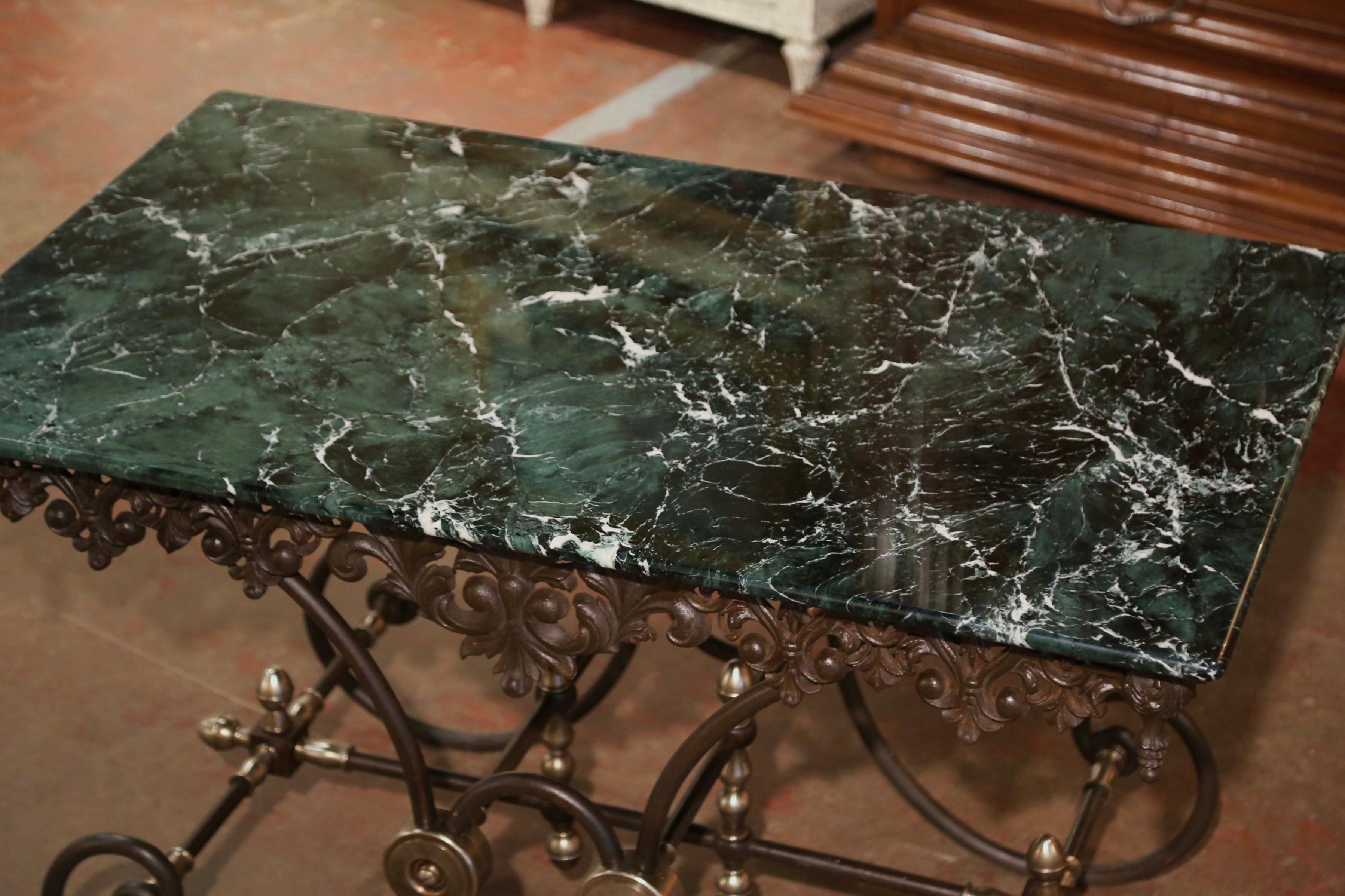 Hand-Crafted Mid-Century French Green Marble Top Iron and Bronze Butcher Pastry Table
