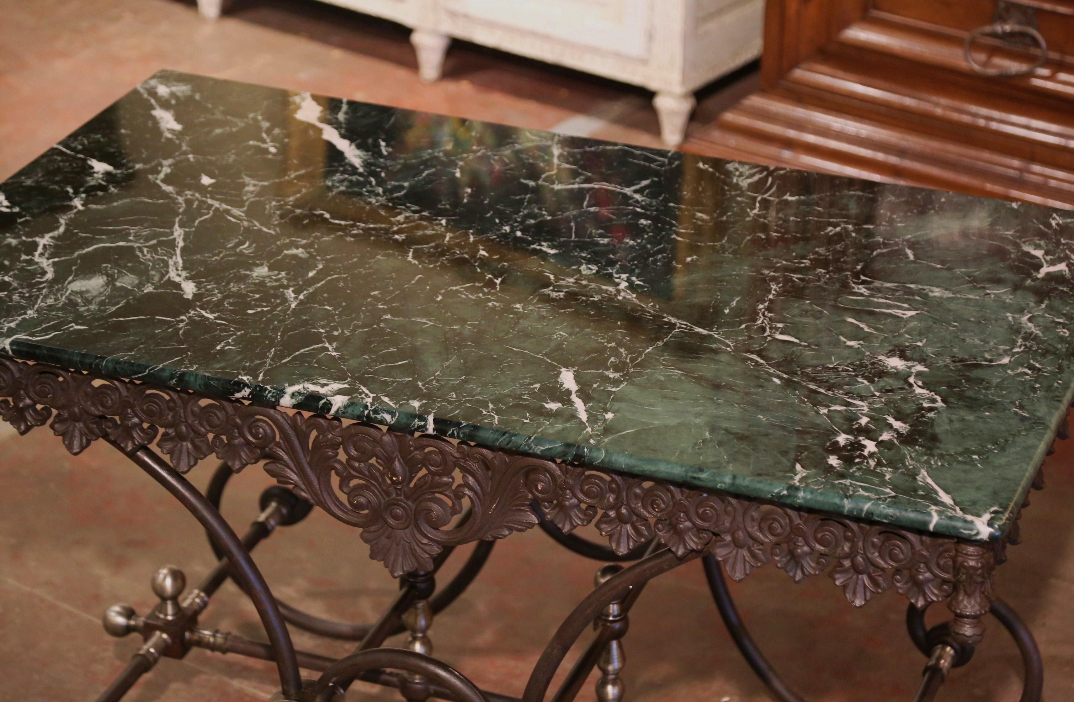 Gilt Mid-Century French Green Marble Top Iron and Bronze Butcher Pastry Table