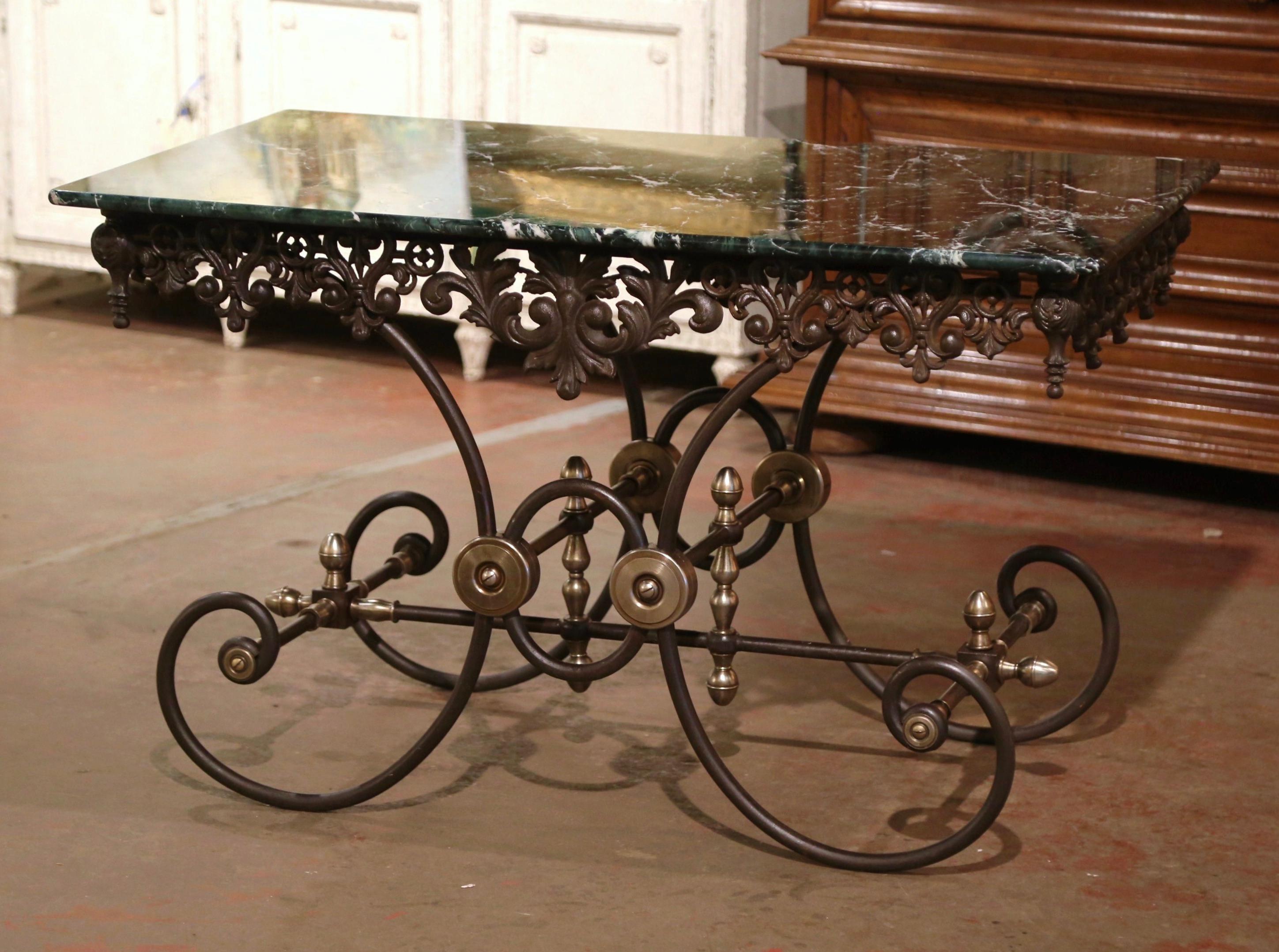 20th Century Mid-Century French Green Marble Top Iron and Bronze Butcher Pastry Table