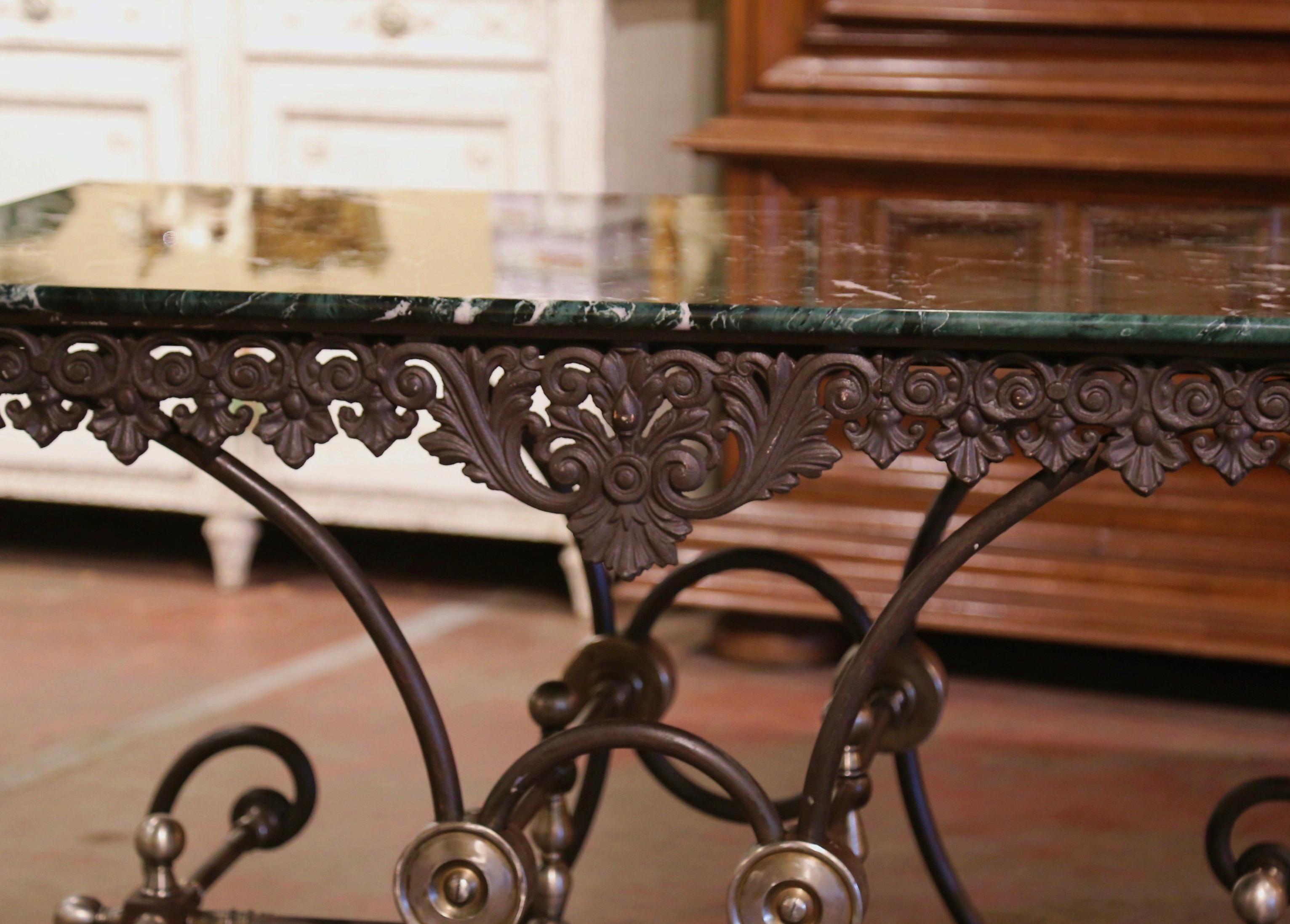 Mid-Century French Green Marble Top Iron and Bronze Butcher Pastry Table 2