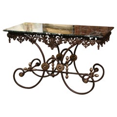 Mid-Century French Green Marble Top Iron and Bronze Butcher Pastry Table