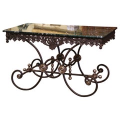 Mid-Century French Green Marble Top Iron and Bronze Butcher Pastry Table