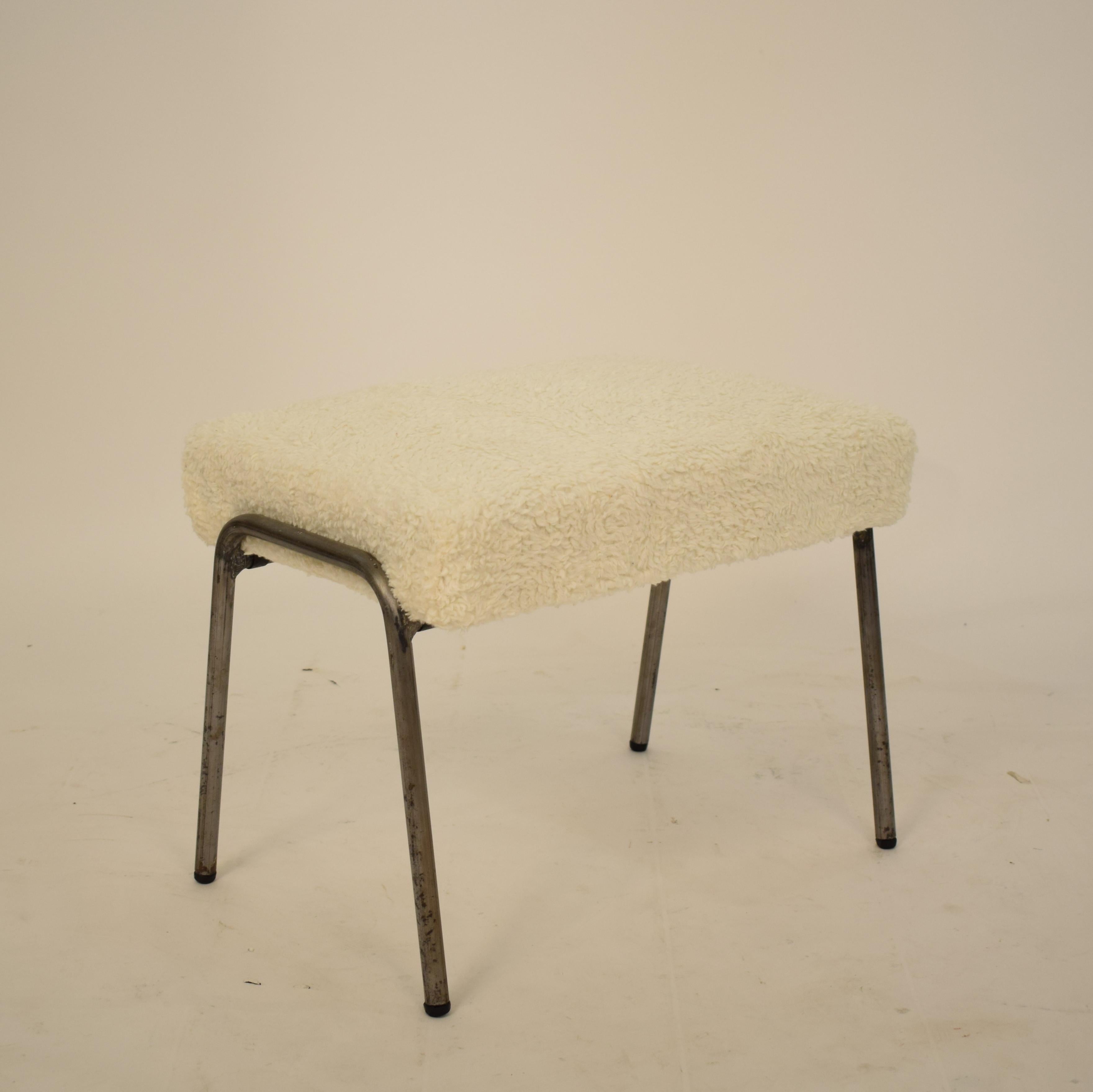 Midcentury French Grey Metal and White Sheep Wool Fabric Stool, circa 1970 5