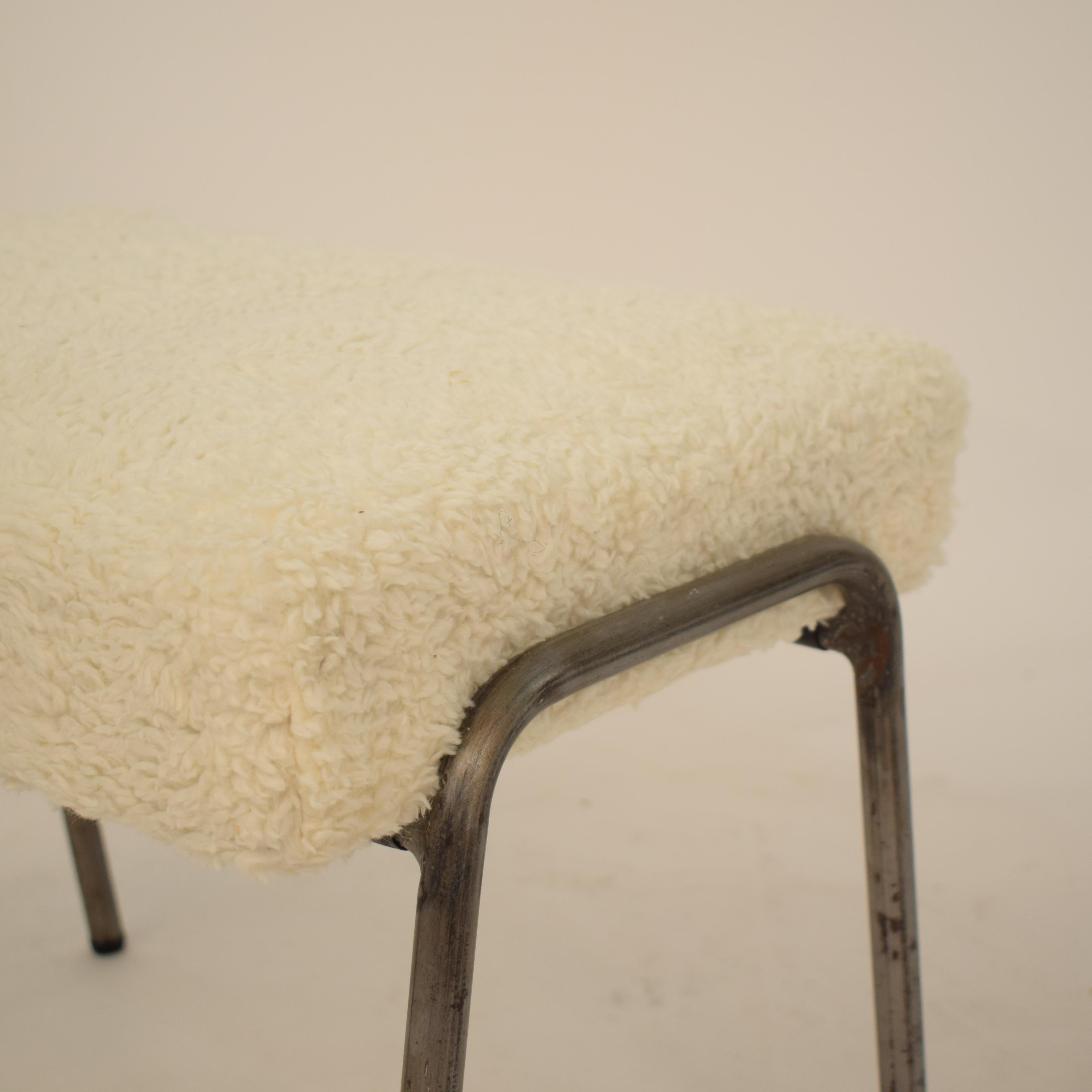 Late 20th Century Midcentury French Grey Metal and White Sheep Wool Fabric Stool, circa 1970