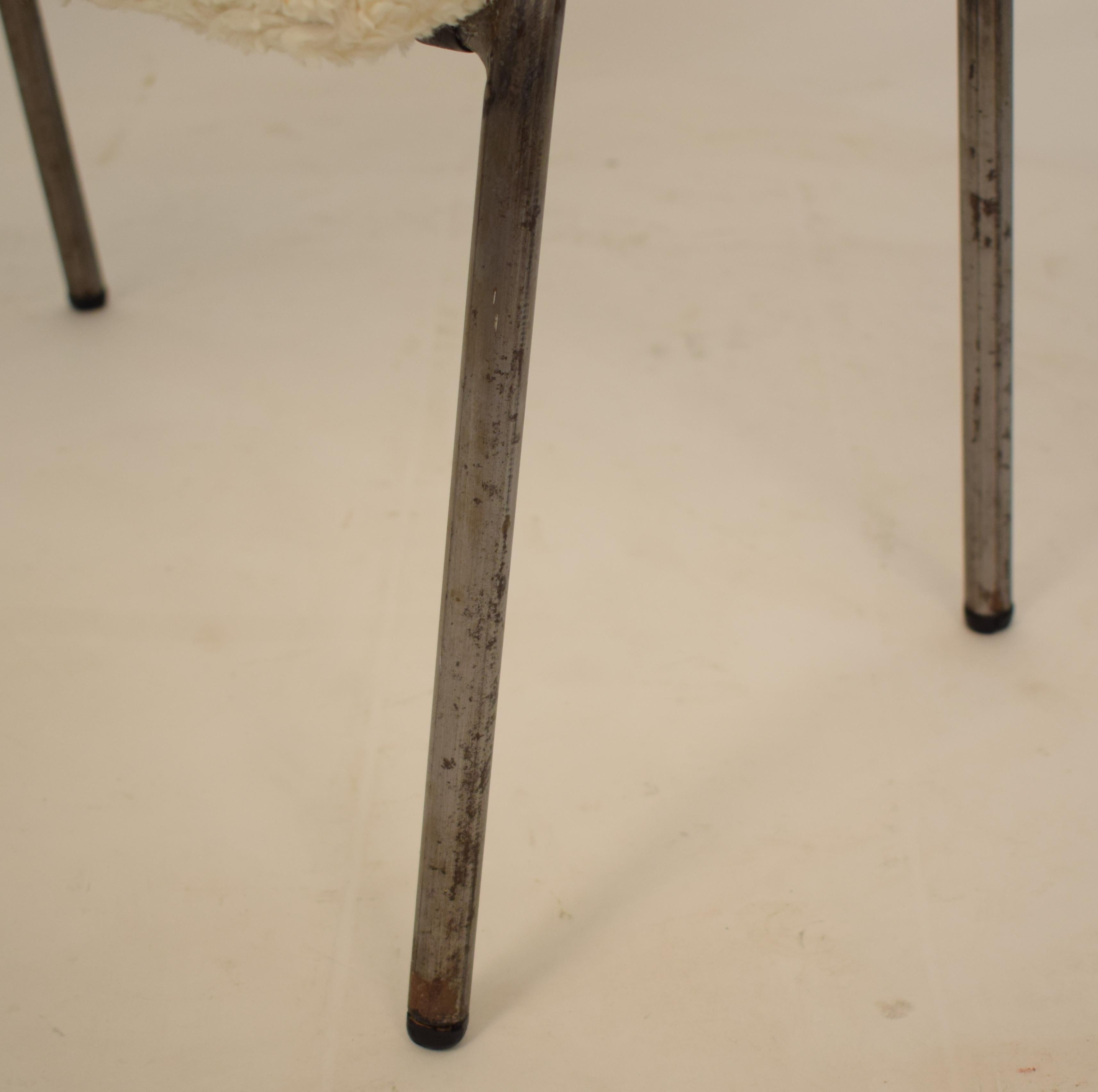 Upholstery Midcentury French Grey Metal and White Sheep Wool Fabric Stool, circa 1970