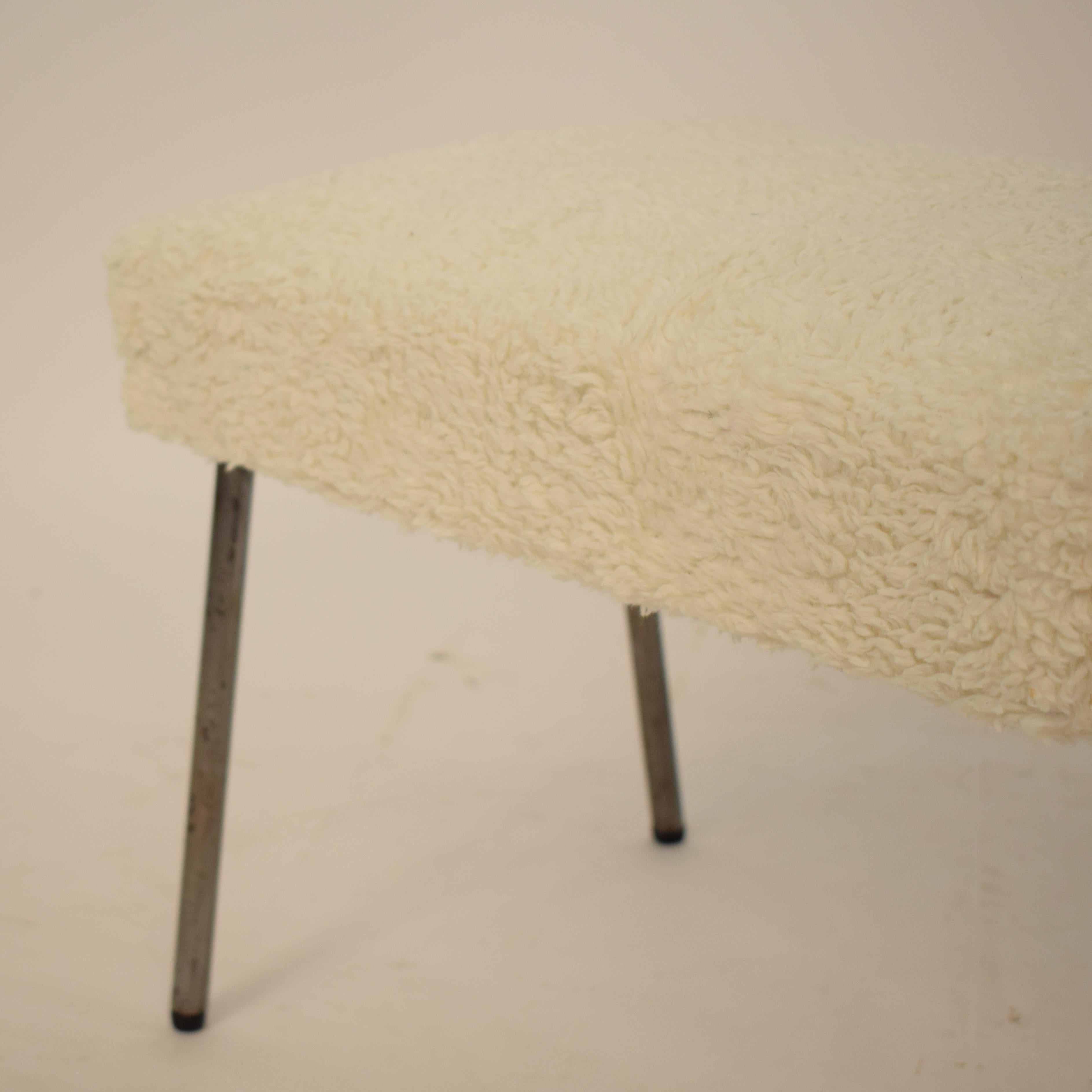 Midcentury French Grey Metal and White Sheep Wool Fabric Stool, circa 1970 2