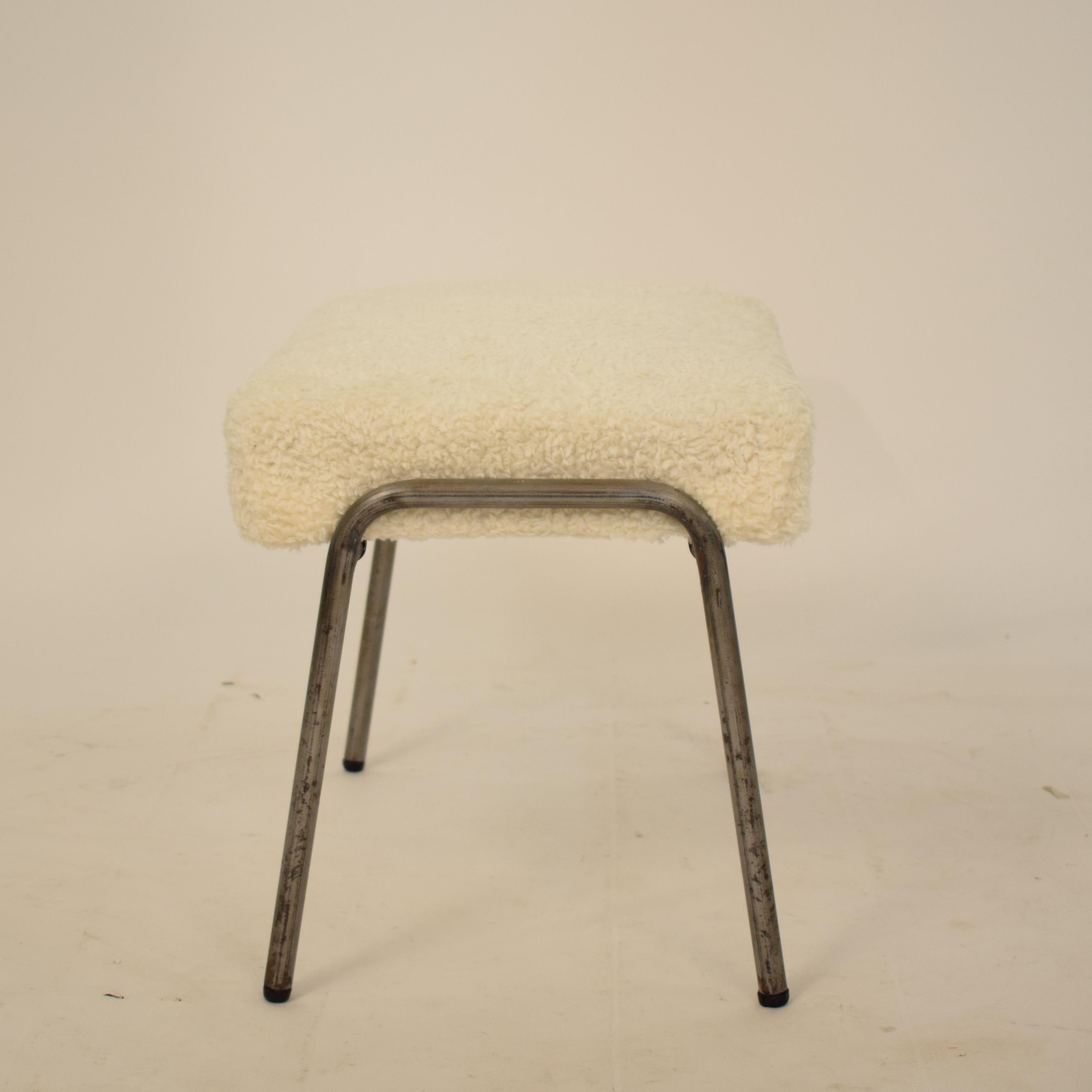 Midcentury French Grey Metal and White Sheep Wool Fabric Stool, circa 1970 3