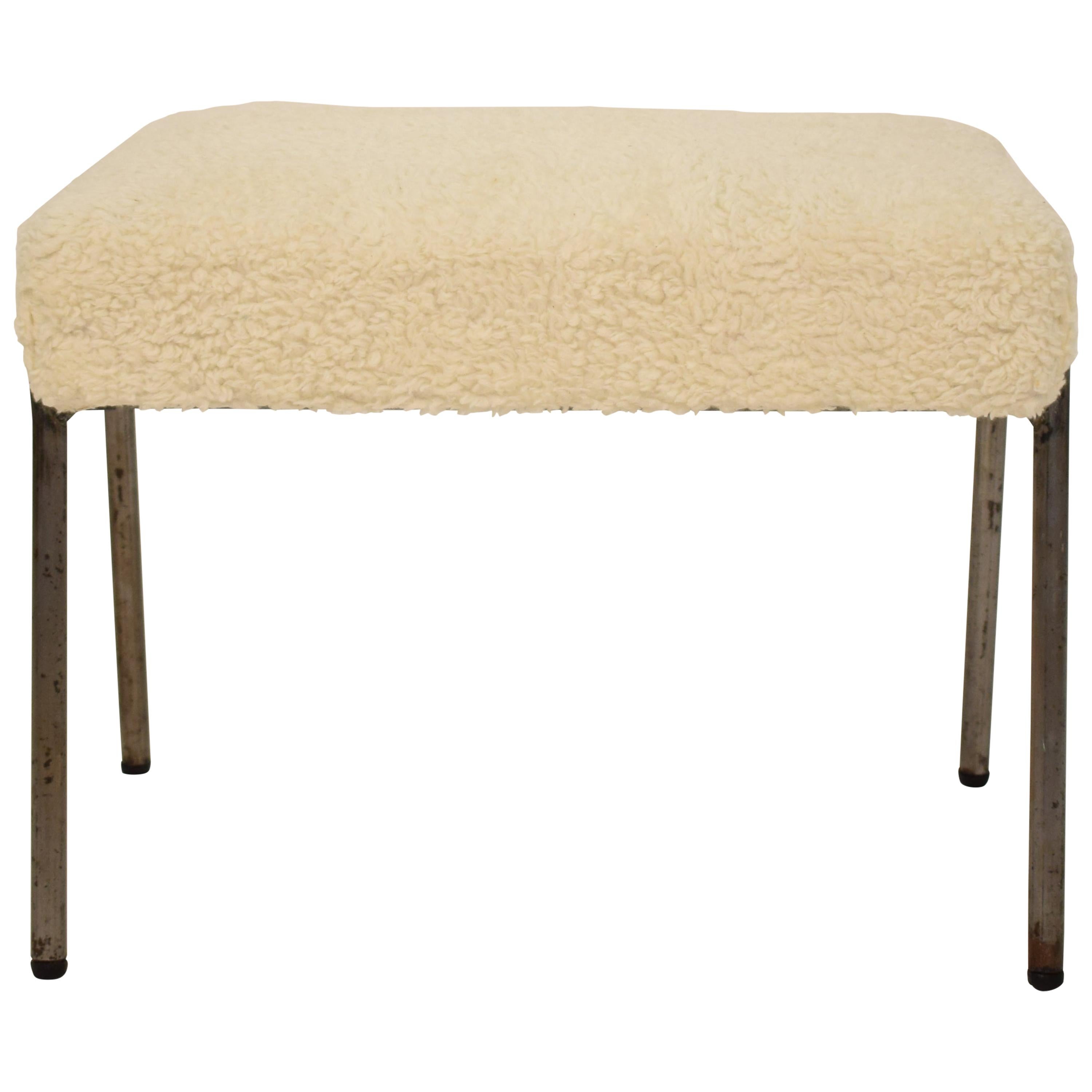 Midcentury French Grey Metal and White Sheep Wool Fabric Stool, circa 1970