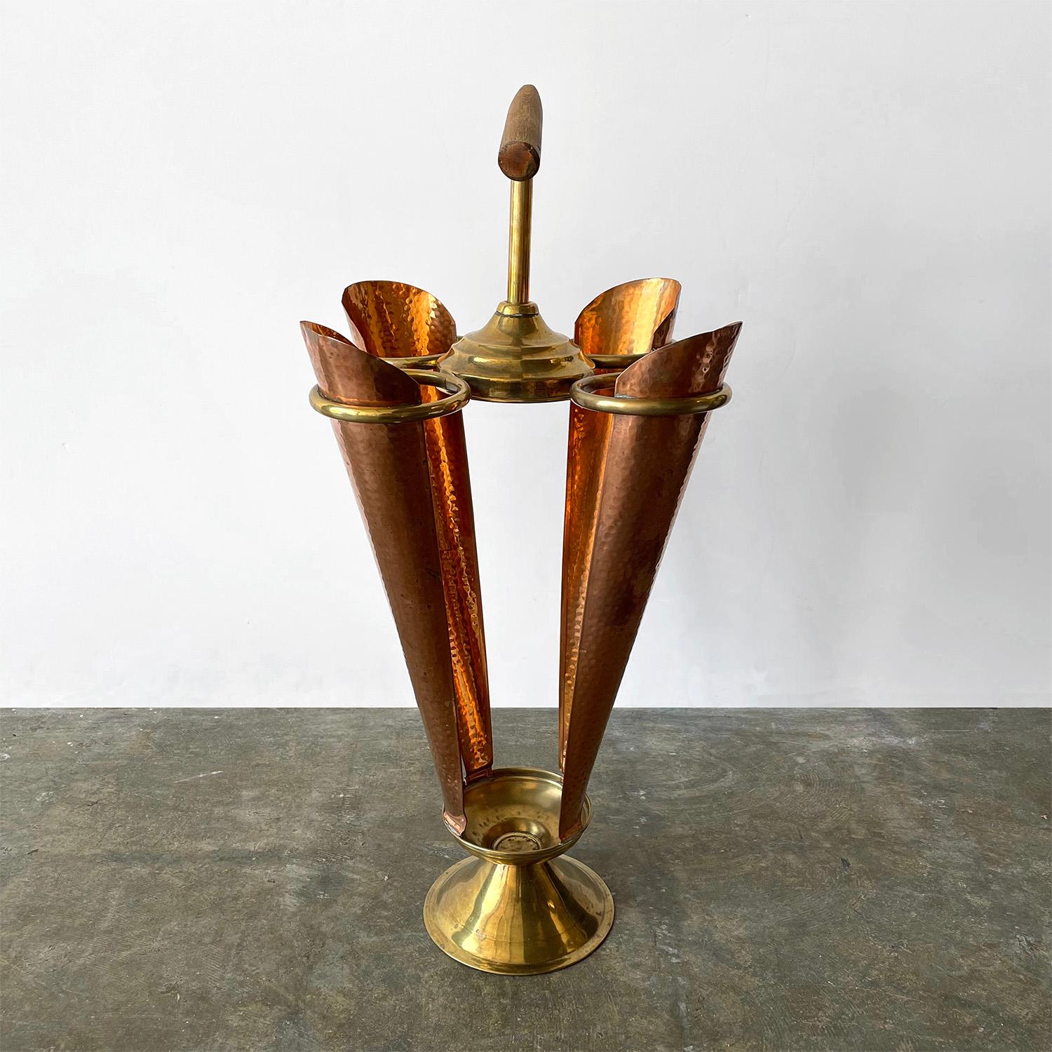 20th Century Mid Century French Hammered Copper and Brass Umbrella Holder For Sale