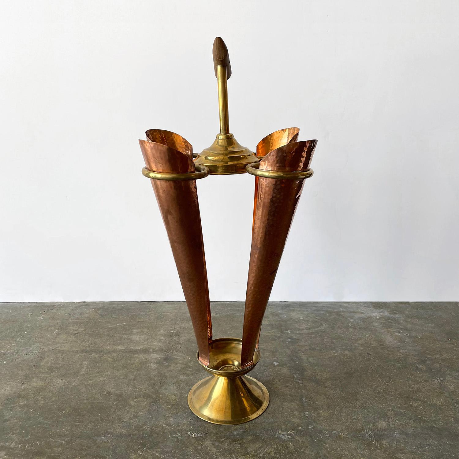 Mid Century French Hammered Copper and Brass Umbrella Holder For Sale 4