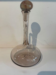 Mid-Century French Hand-Blown Smoke Glass Wine Decanter with Sculptural Handle