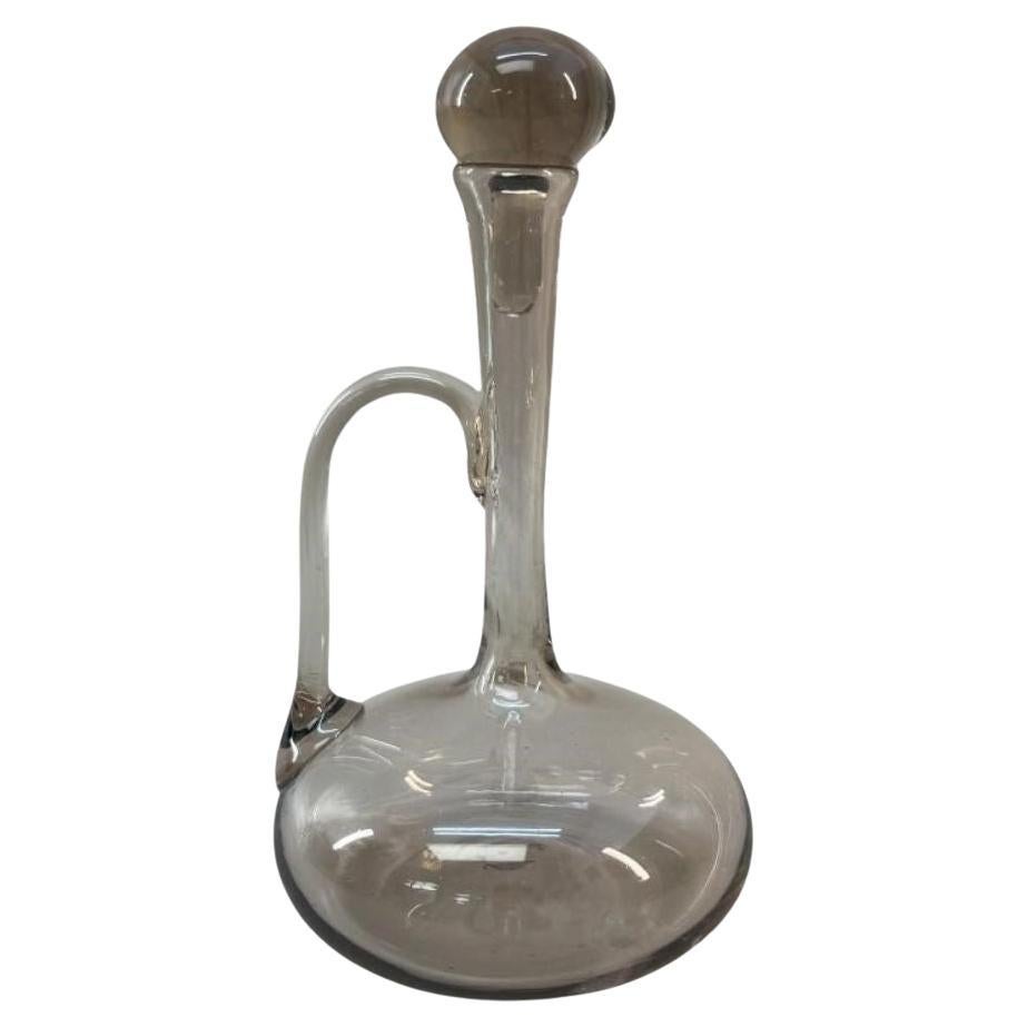 Mid-Century French Hand-Blown Smoke Glass Wine Decanter with Sculptural Handle