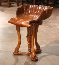 Mid-Century French Hand Carved Chestnut Piano Grotto Stool with Shell Motif