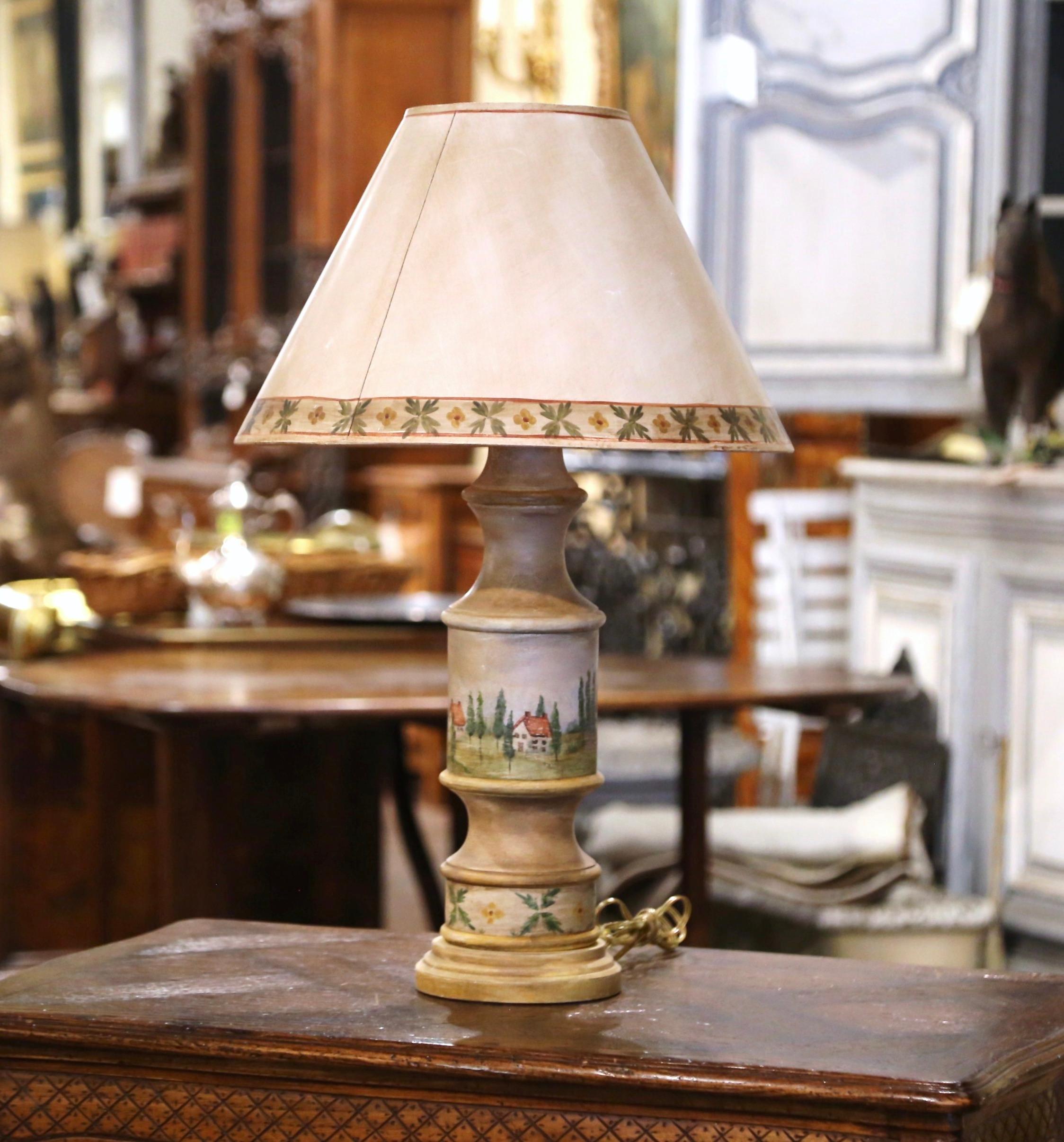 Midcentury French Hand Carved Hand Painted Table Lamp from Provence with Shade In Excellent Condition For Sale In Dallas, TX