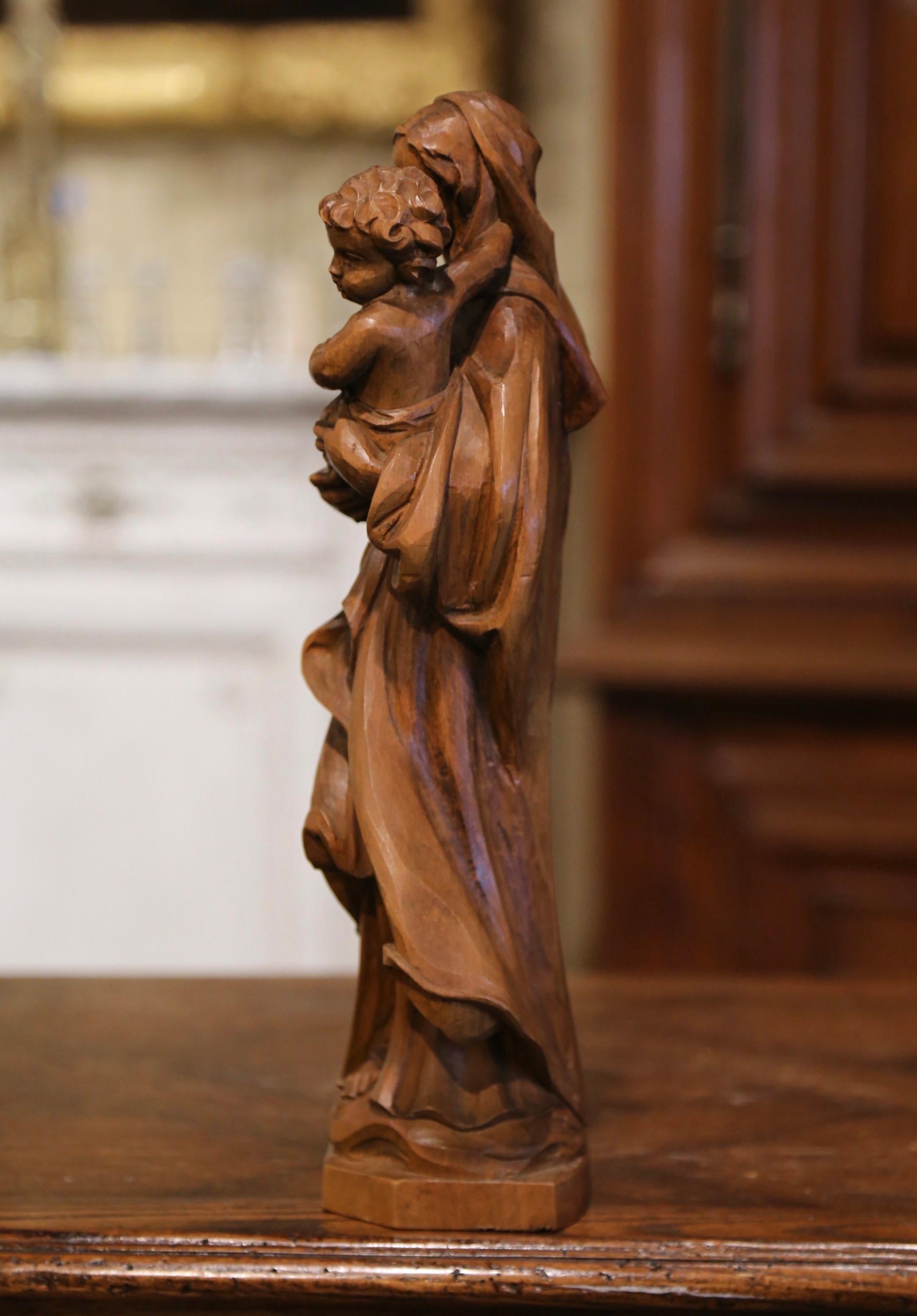 Hand-Carved Mid-Century, French Hand Carved Walnut Statue of The Virgin Mary and Child