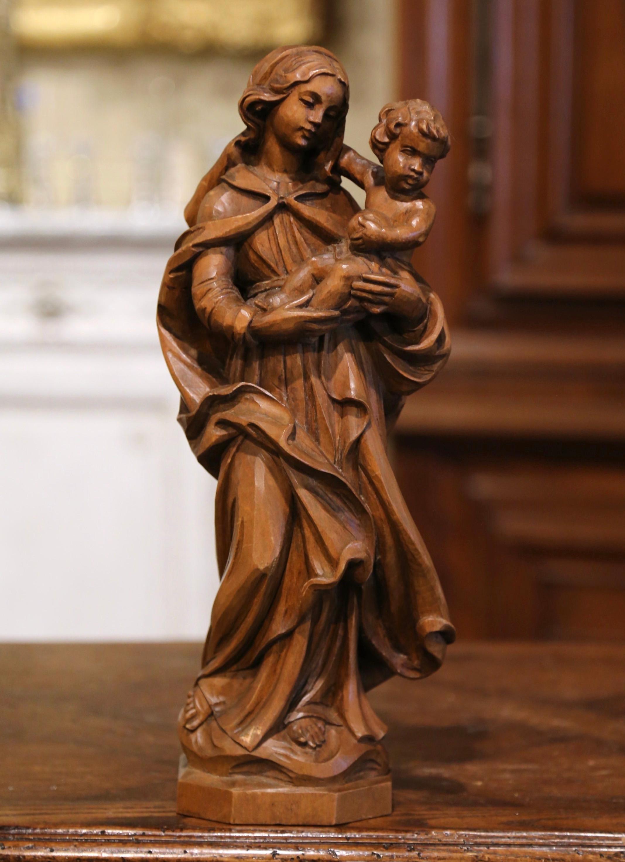 Mid-Century, French Hand Carved Walnut Statue of The Virgin Mary and Child In Excellent Condition In Dallas, TX