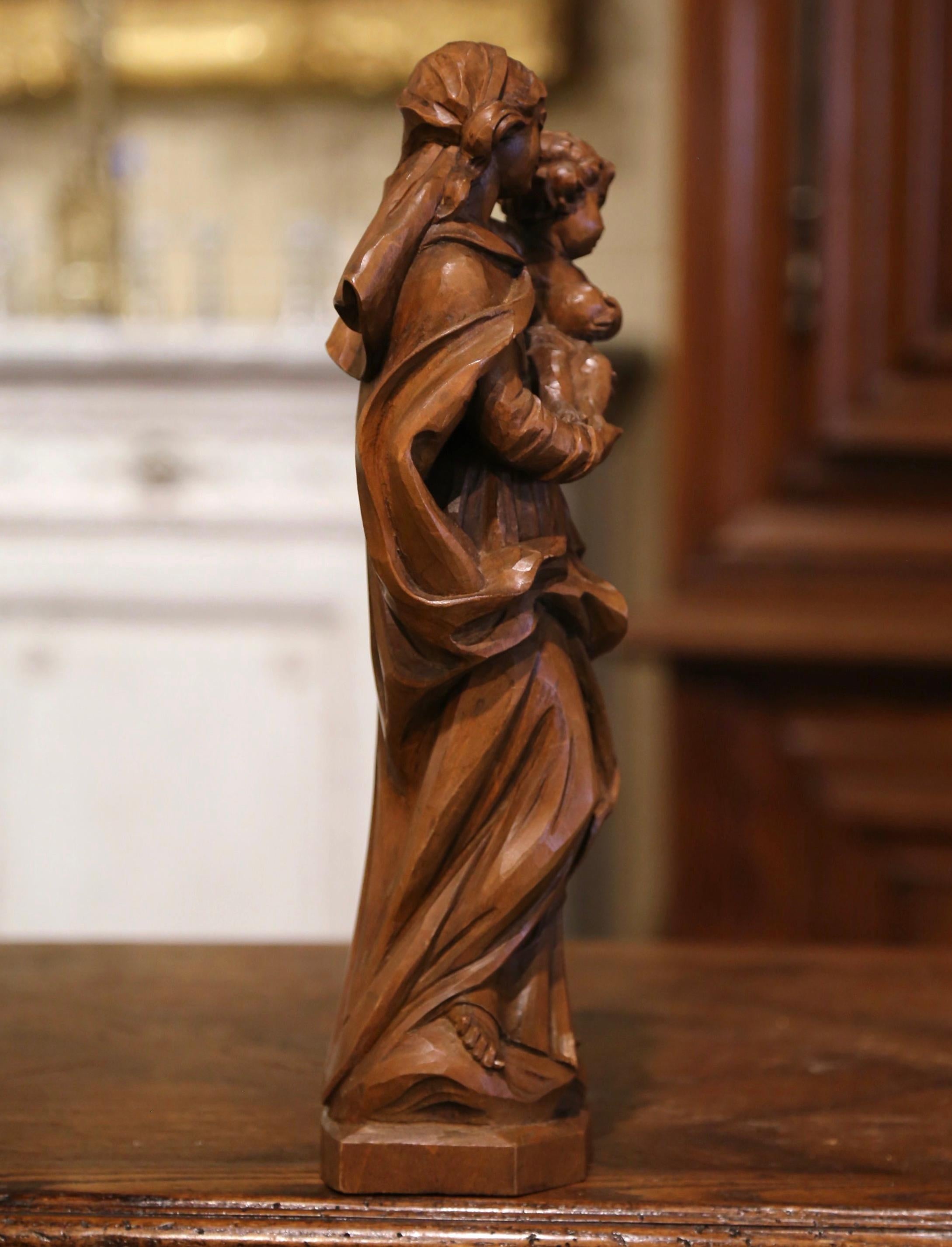 20th Century Mid-Century, French Hand Carved Walnut Statue of The Virgin Mary and Child