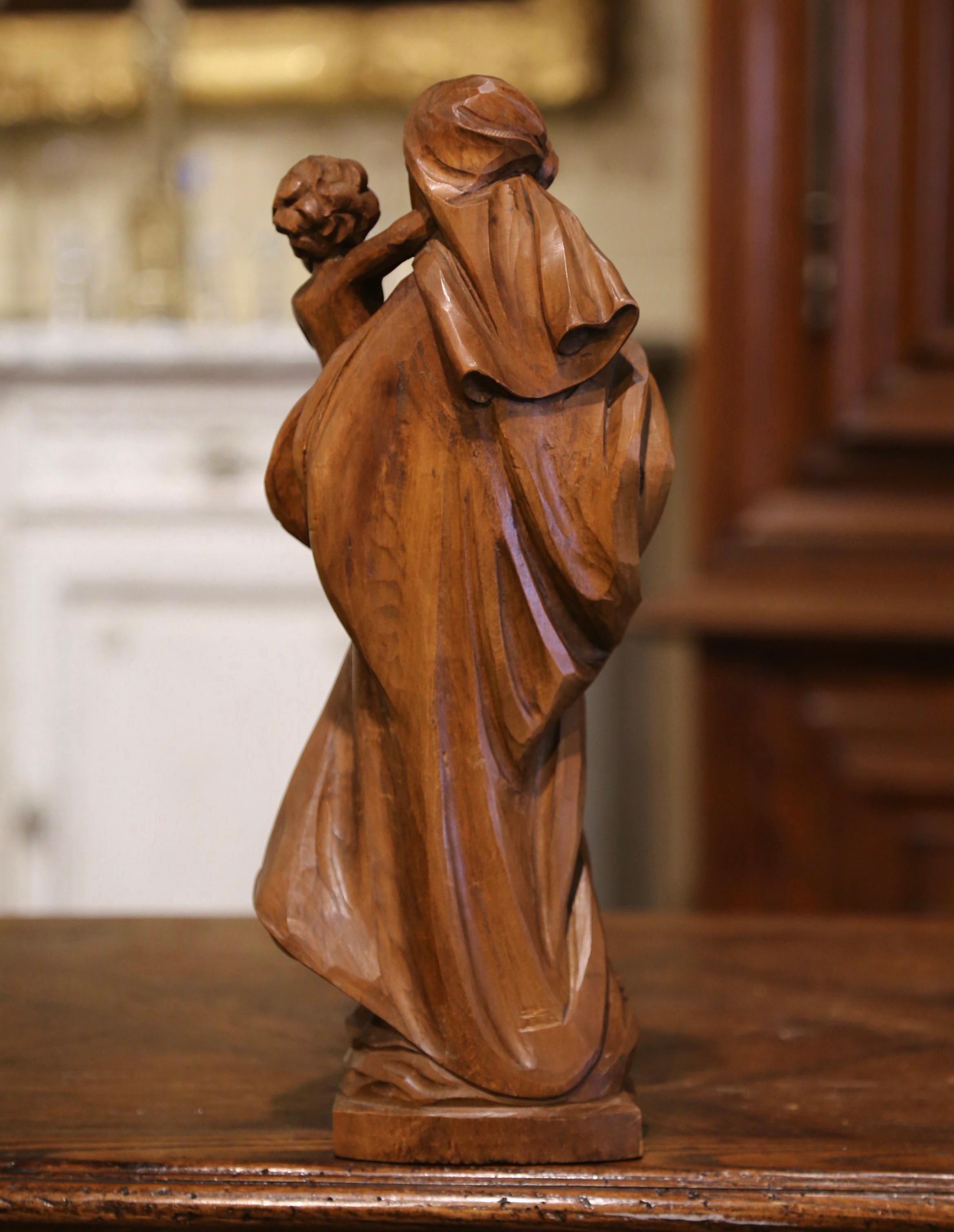 Mid-Century, French Hand Carved Walnut Statue of The Virgin Mary and Child 1