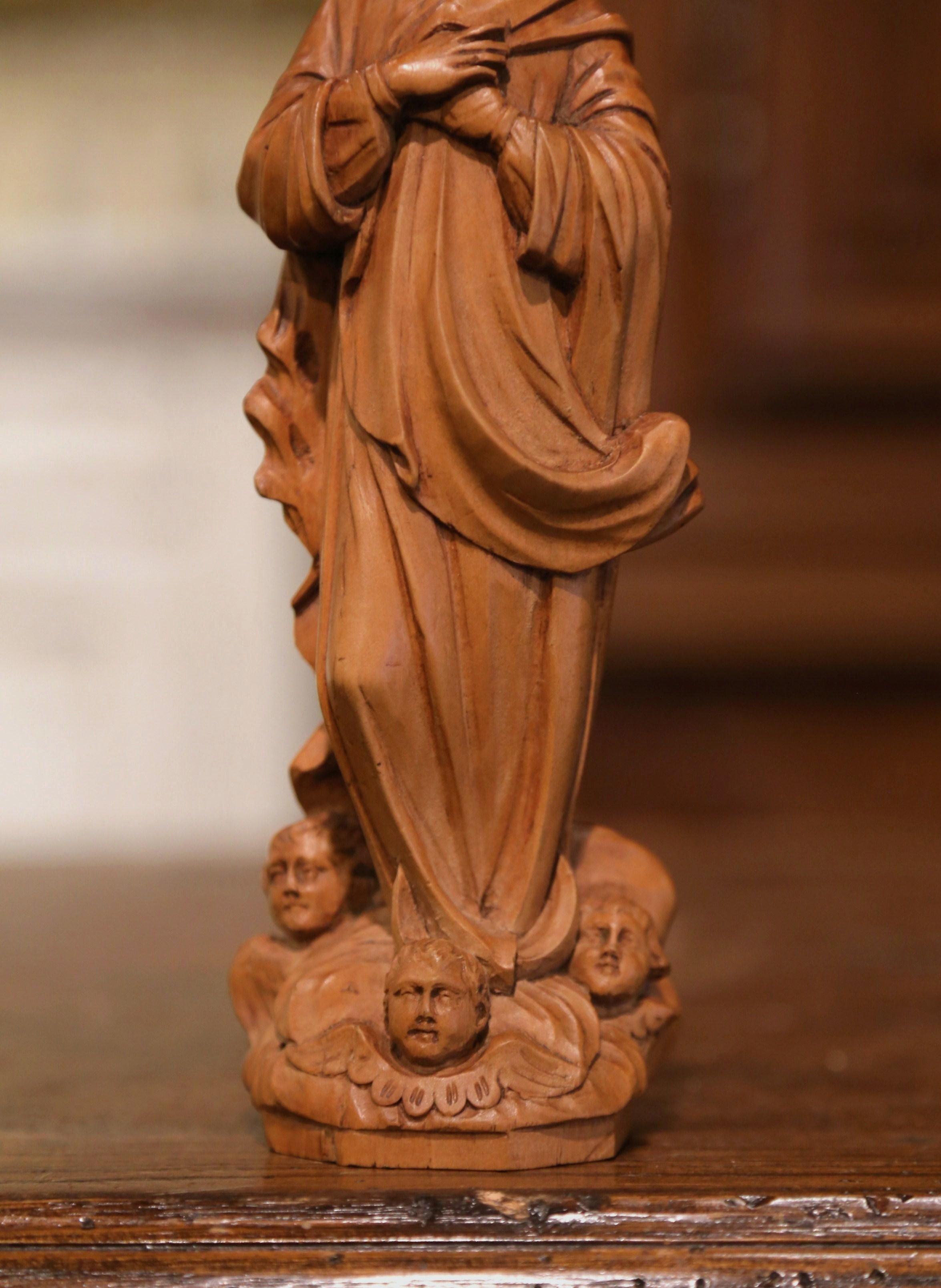 Hand-Carved Mid-Century, French Hand Carved Walnut Statue of the Virgin Mary in Prayer