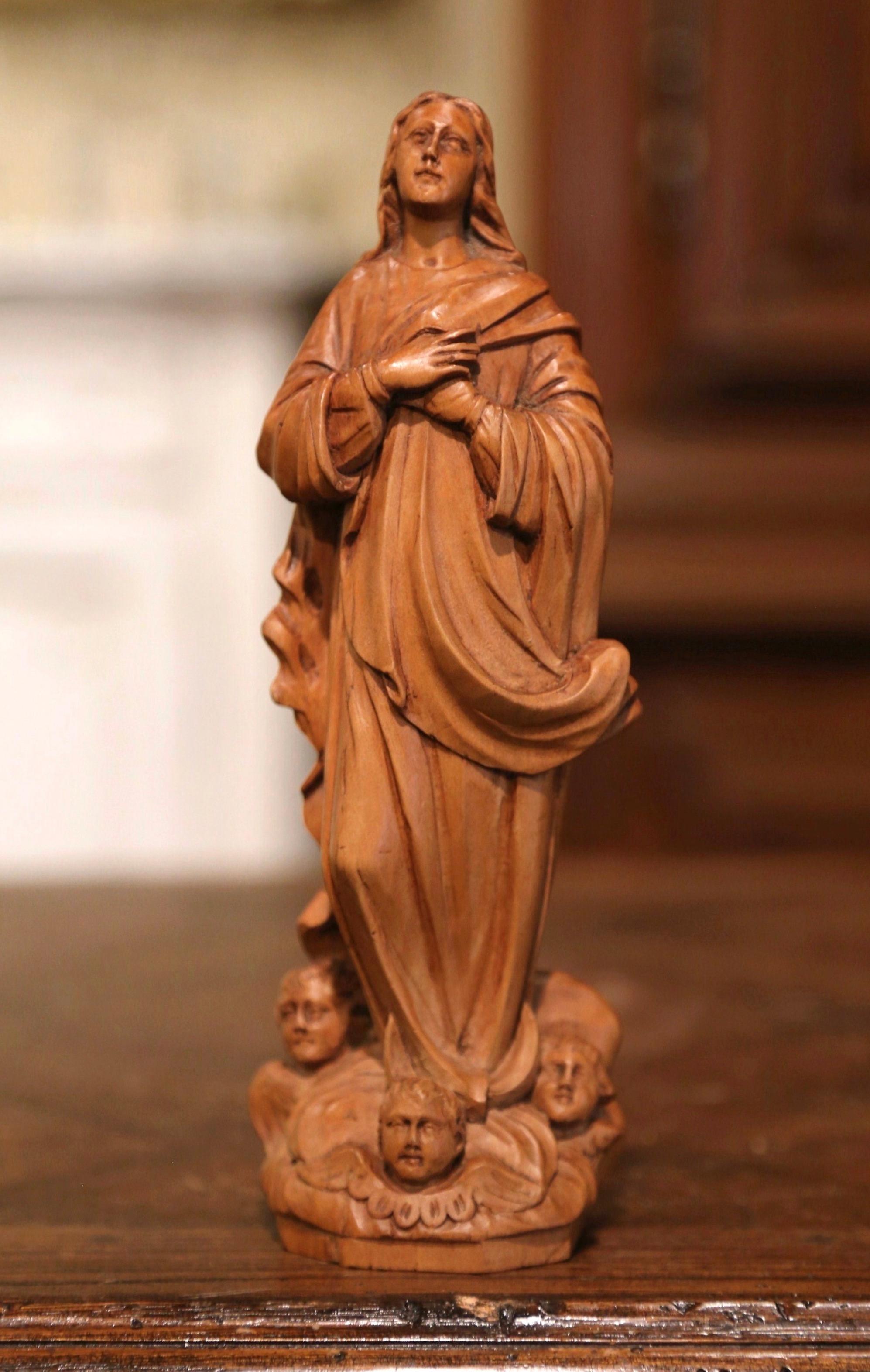 20th Century Mid-Century, French Hand Carved Walnut Statue of the Virgin Mary in Prayer