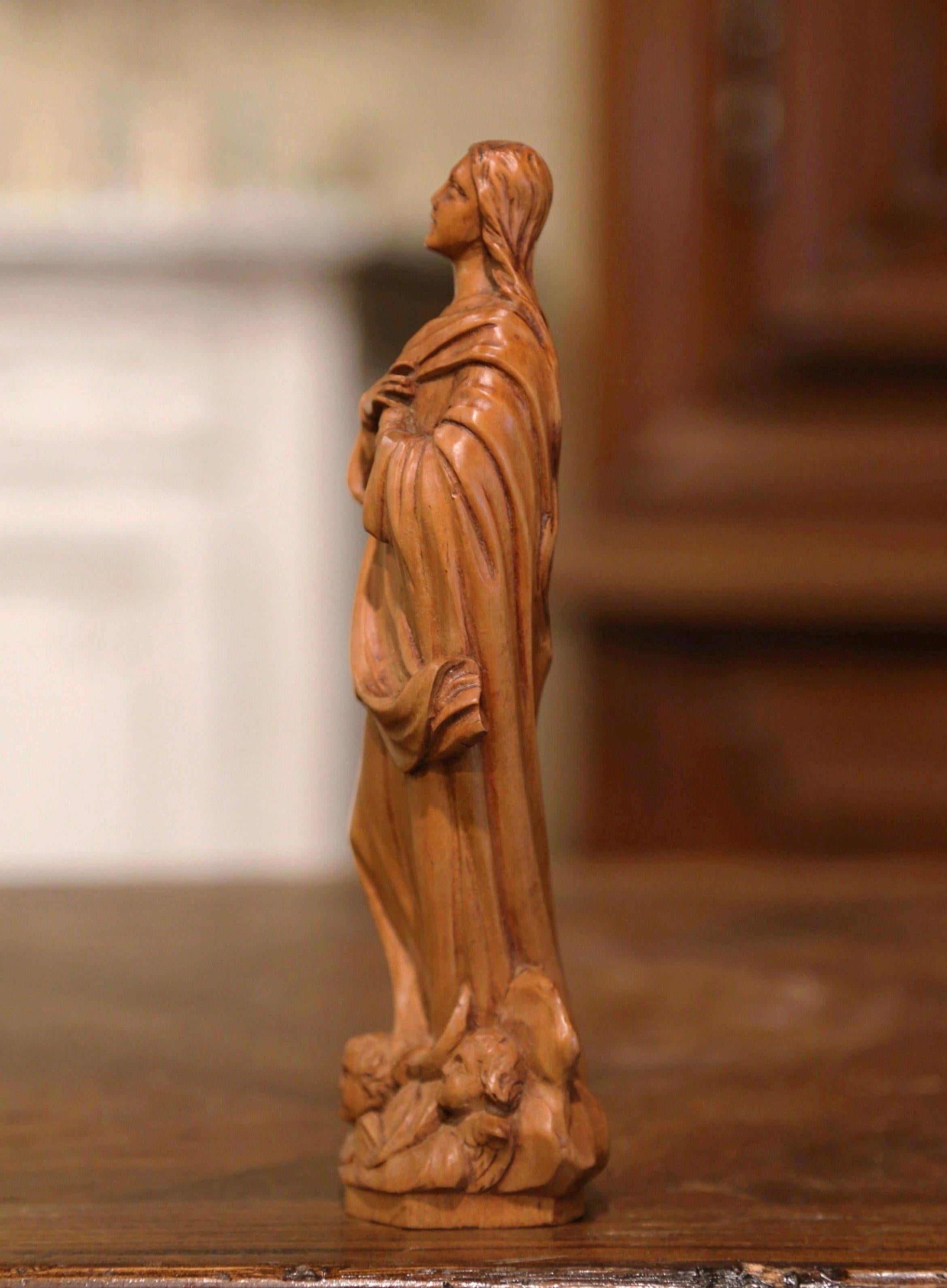 Mid-Century, French Hand Carved Walnut Statue of the Virgin Mary in Prayer 1