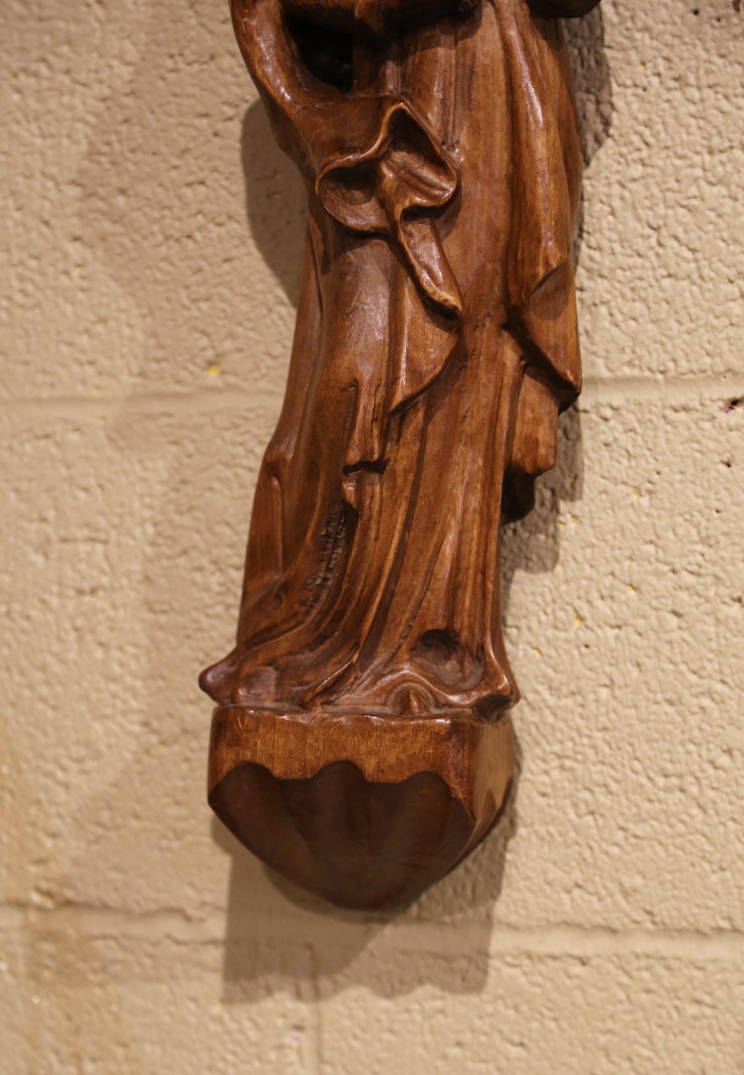 Mid-Century, French Hand Carved Walnut Virgin Mary and Child Wall Statue In Excellent Condition For Sale In Dallas, TX
