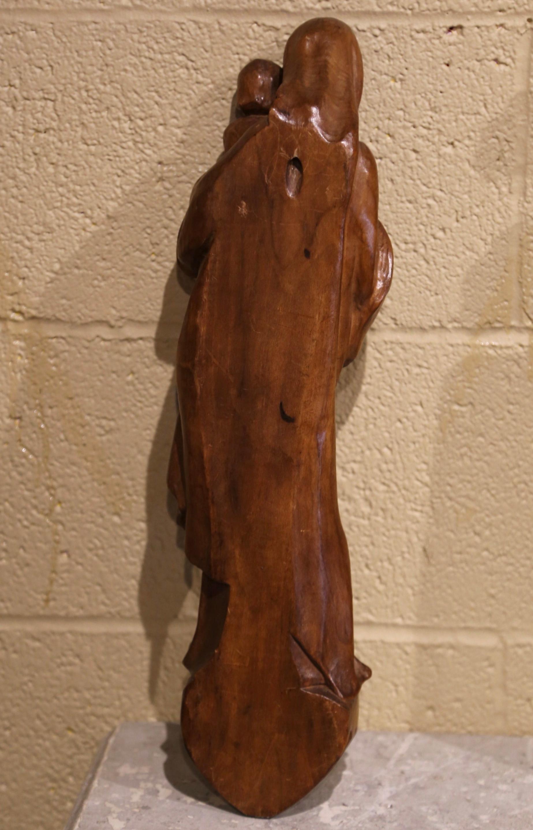 20th Century Mid-Century, French Hand Carved Walnut Virgin Mary and Child Wall Statue For Sale