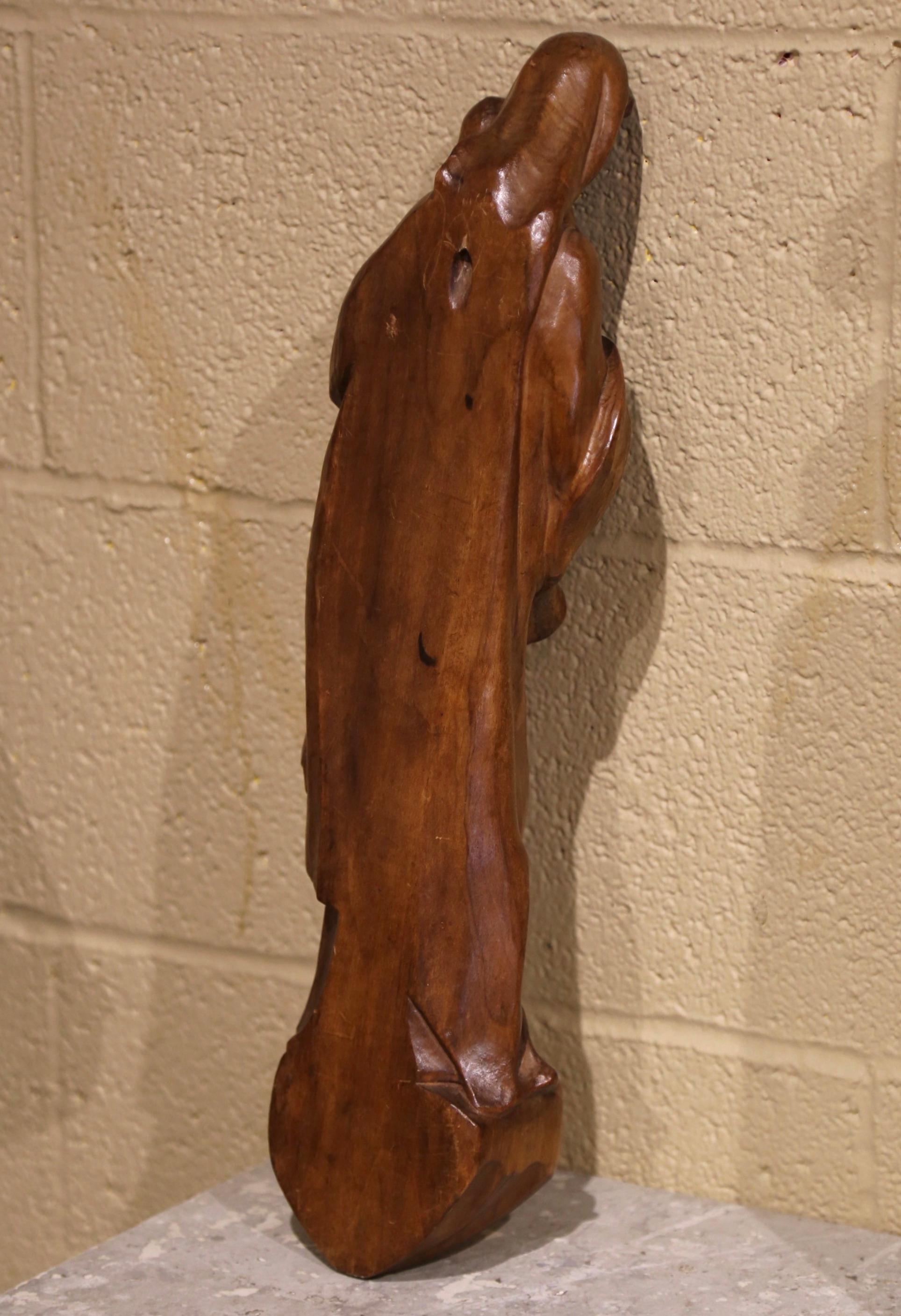 Mid-Century, French Hand Carved Walnut Virgin Mary and Child Wall Statue For Sale 1