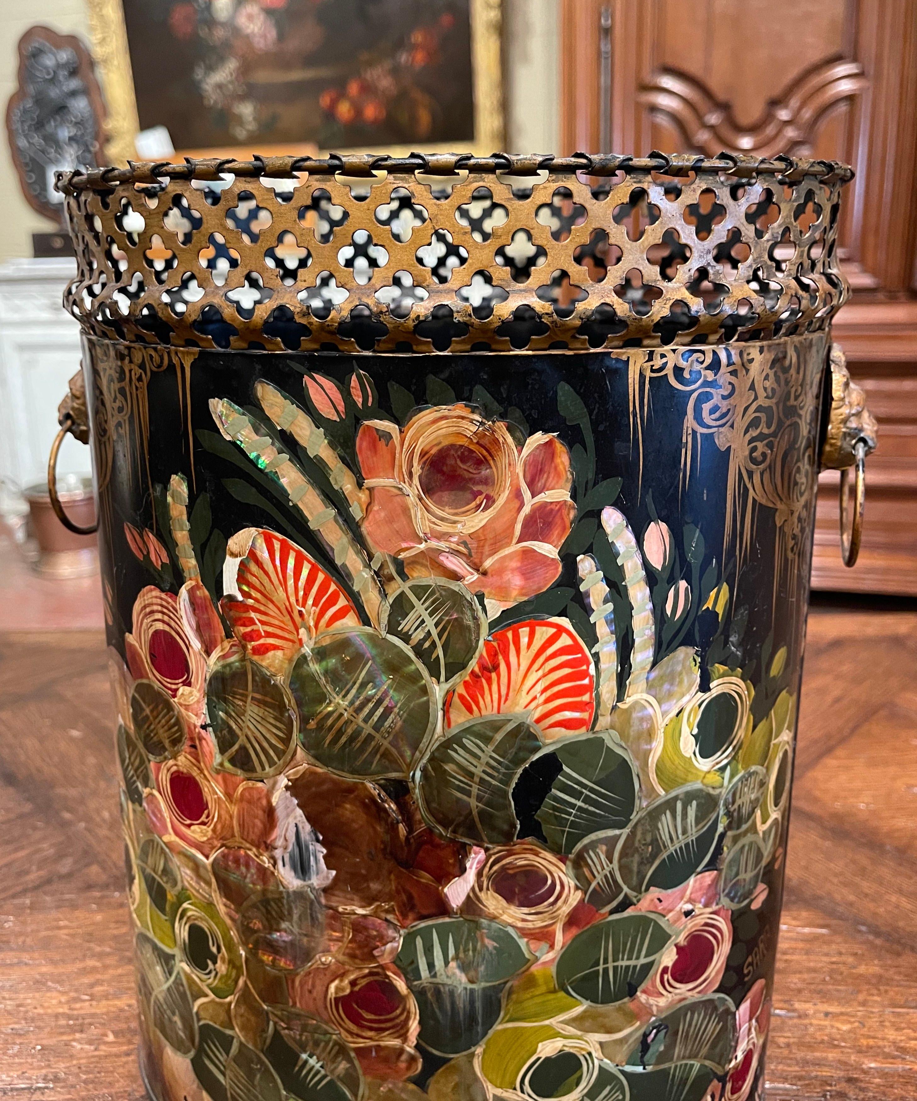 Hand-Crafted Mid-Century French Hand Painted and Gilt Tole Basket with Floral Decor For Sale
