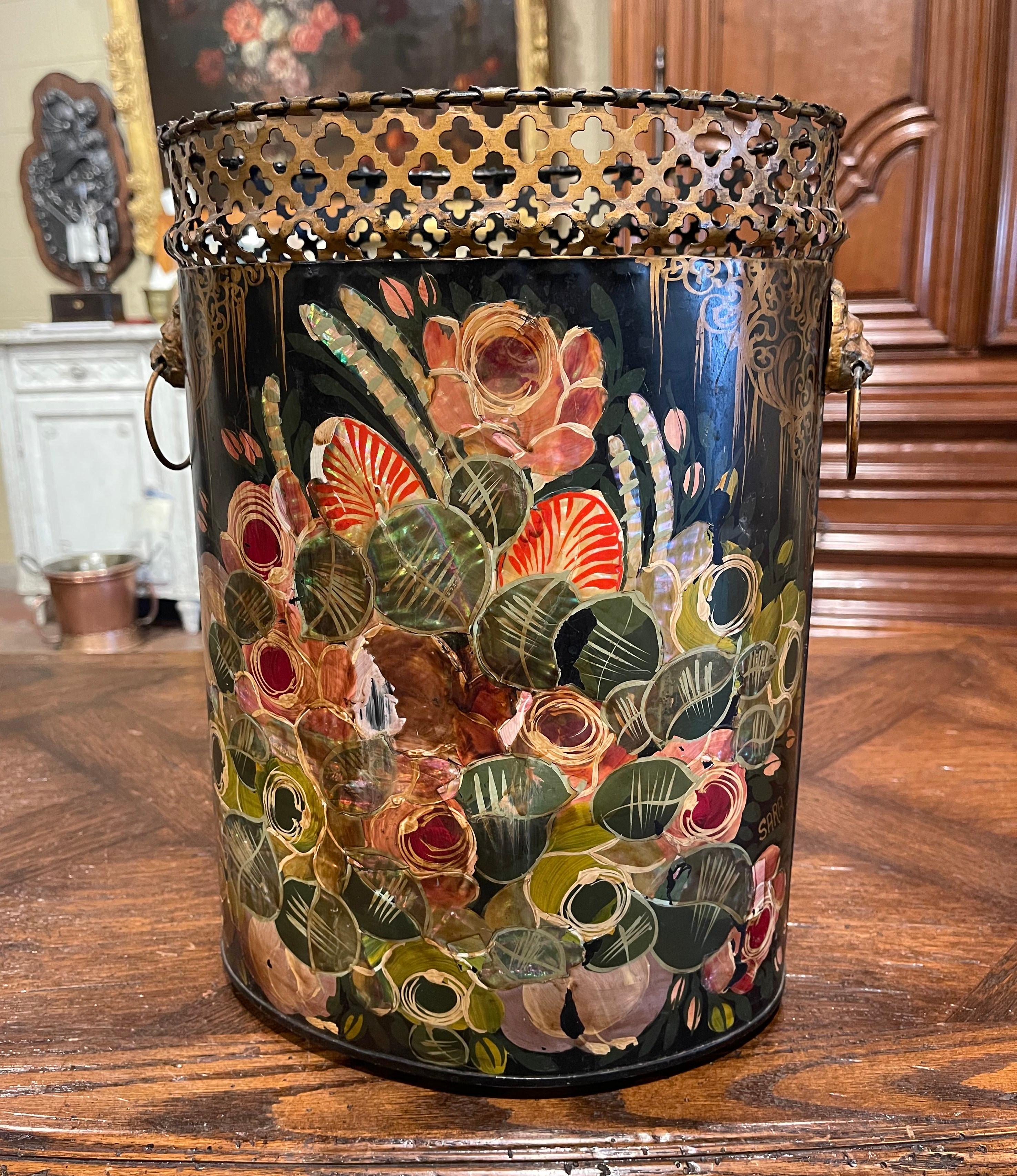 20th Century Mid-Century French Hand Painted and Gilt Tole Basket with Floral Decor For Sale