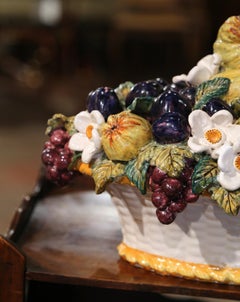 Mid-Century French Hand Painted Barbotine Ceramic Fruit Basket Centerpiece
