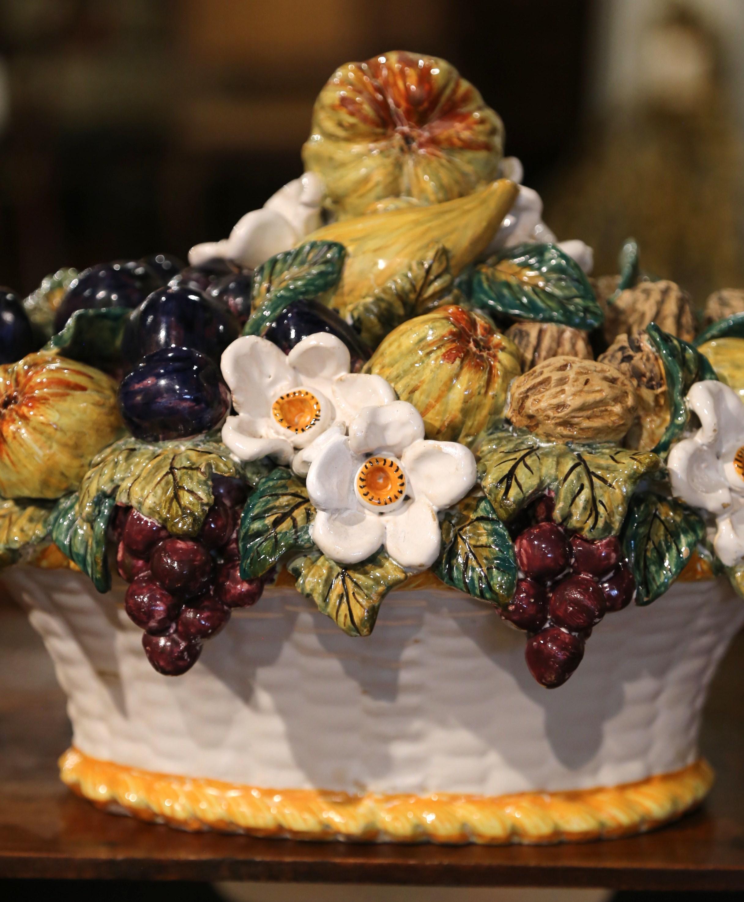 Hand-Carved Mid-Century French Hand Painted Barbotine Ceramic Fruit Basket Centerpiece For Sale