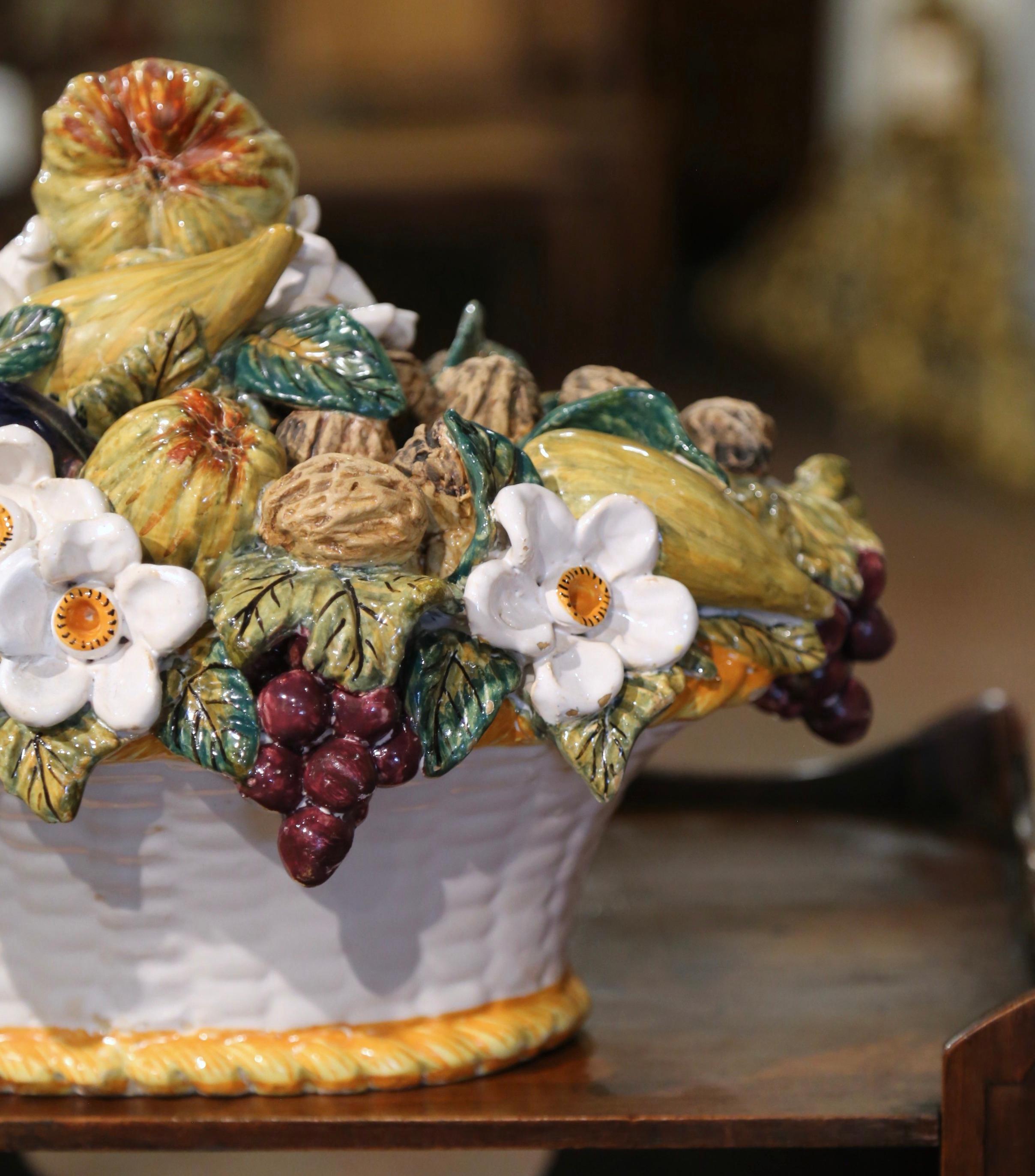 Mid-Century French Hand Painted Barbotine Ceramic Fruit Basket Centerpiece In Excellent Condition For Sale In Dallas, TX