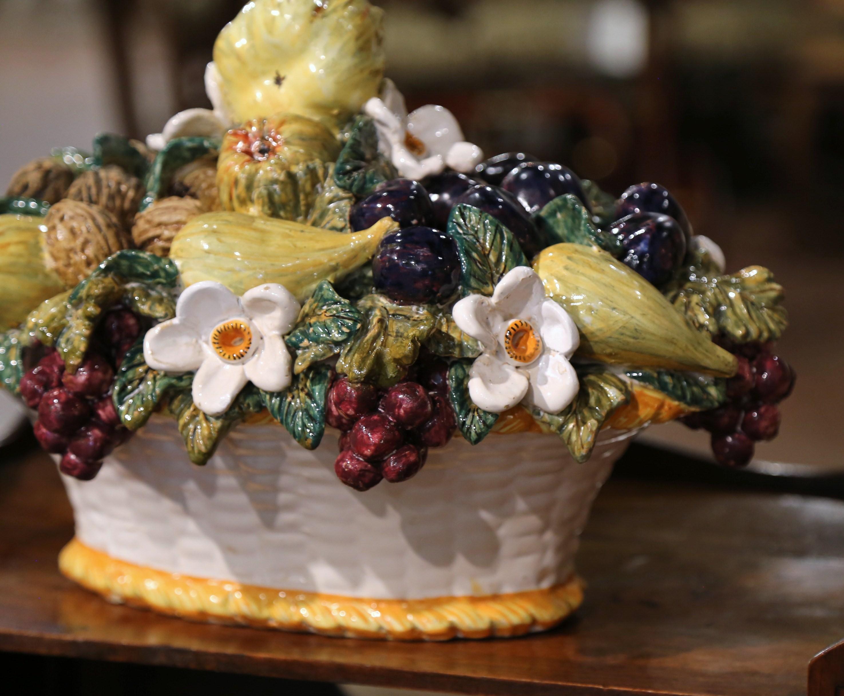 Mid-Century French Hand Painted Barbotine Ceramic Fruit Basket Centerpiece For Sale 3