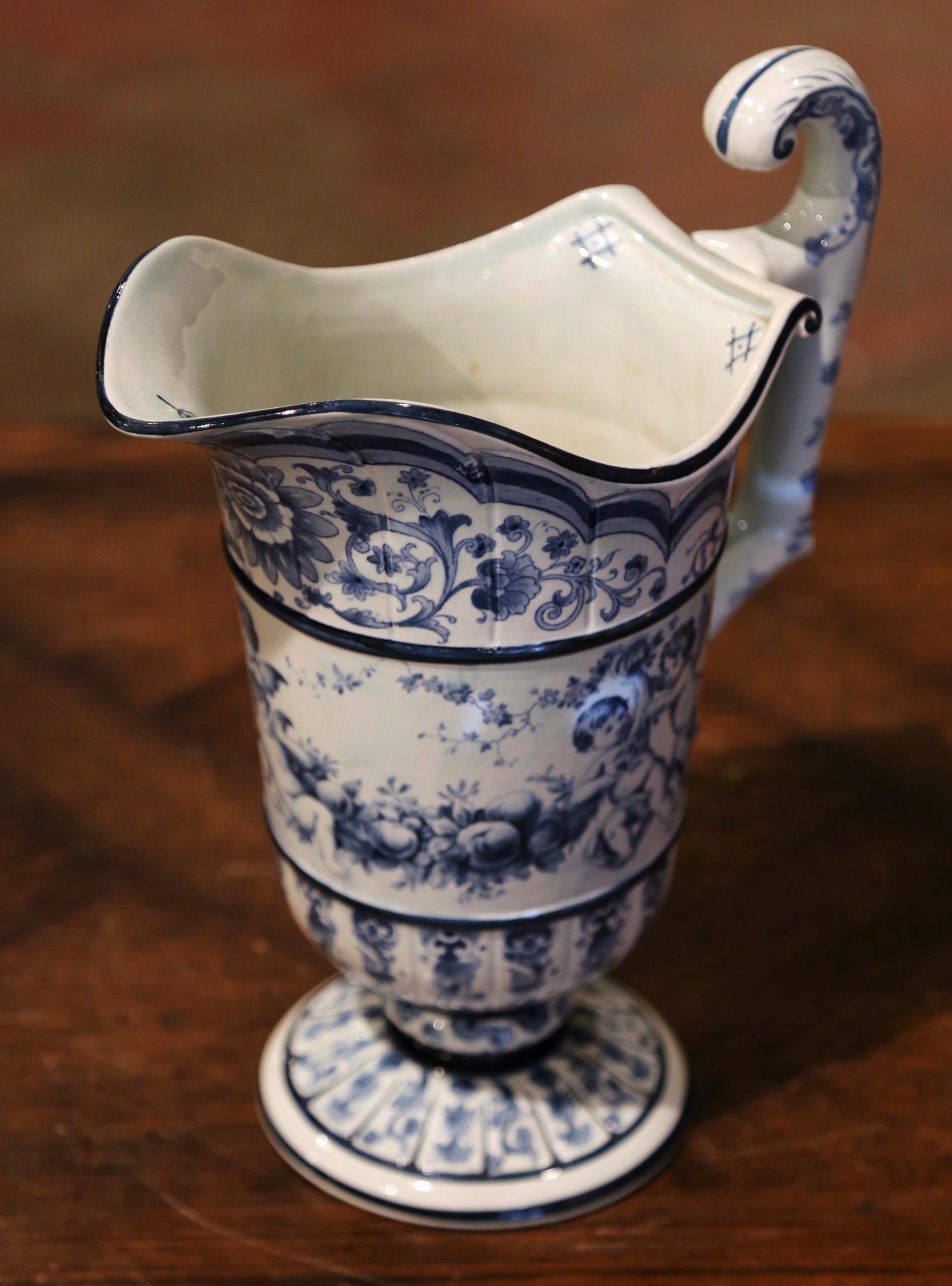 Napoleon III Mid-Century French Hand Painted Blue and White Faience Pitcher