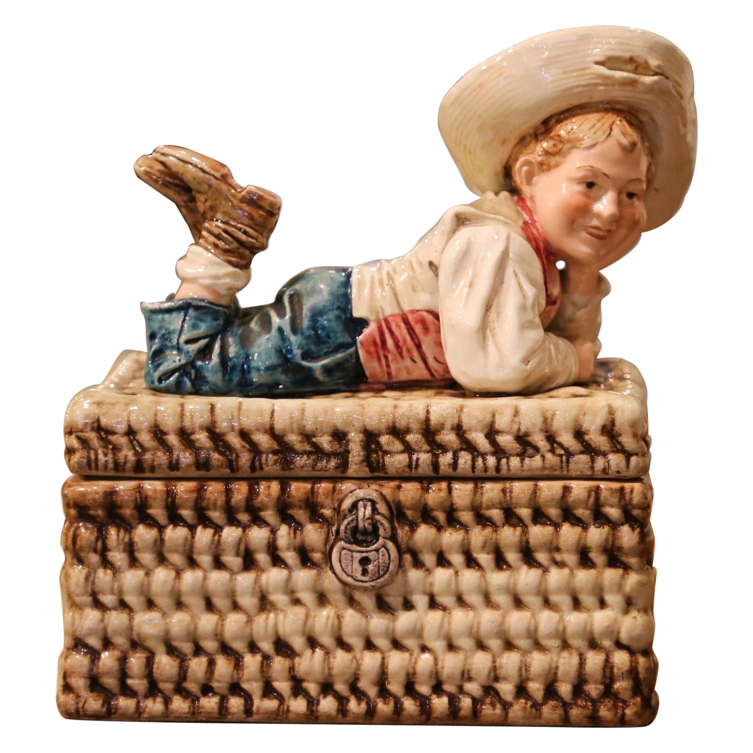 Mid-Century French Hand Painted Ceramic Barbotine Bohemian Figure Lidded Box