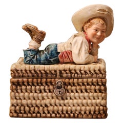 Mid-Century French Hand Painted Ceramic Barbotine Bohemian Figure Lidded Box
