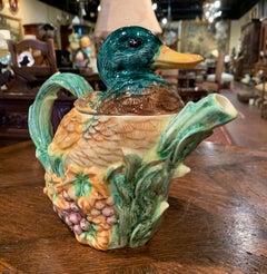 Midcentury French Hand Painted Ceramic Barbotine Duck Coffee or Teapot