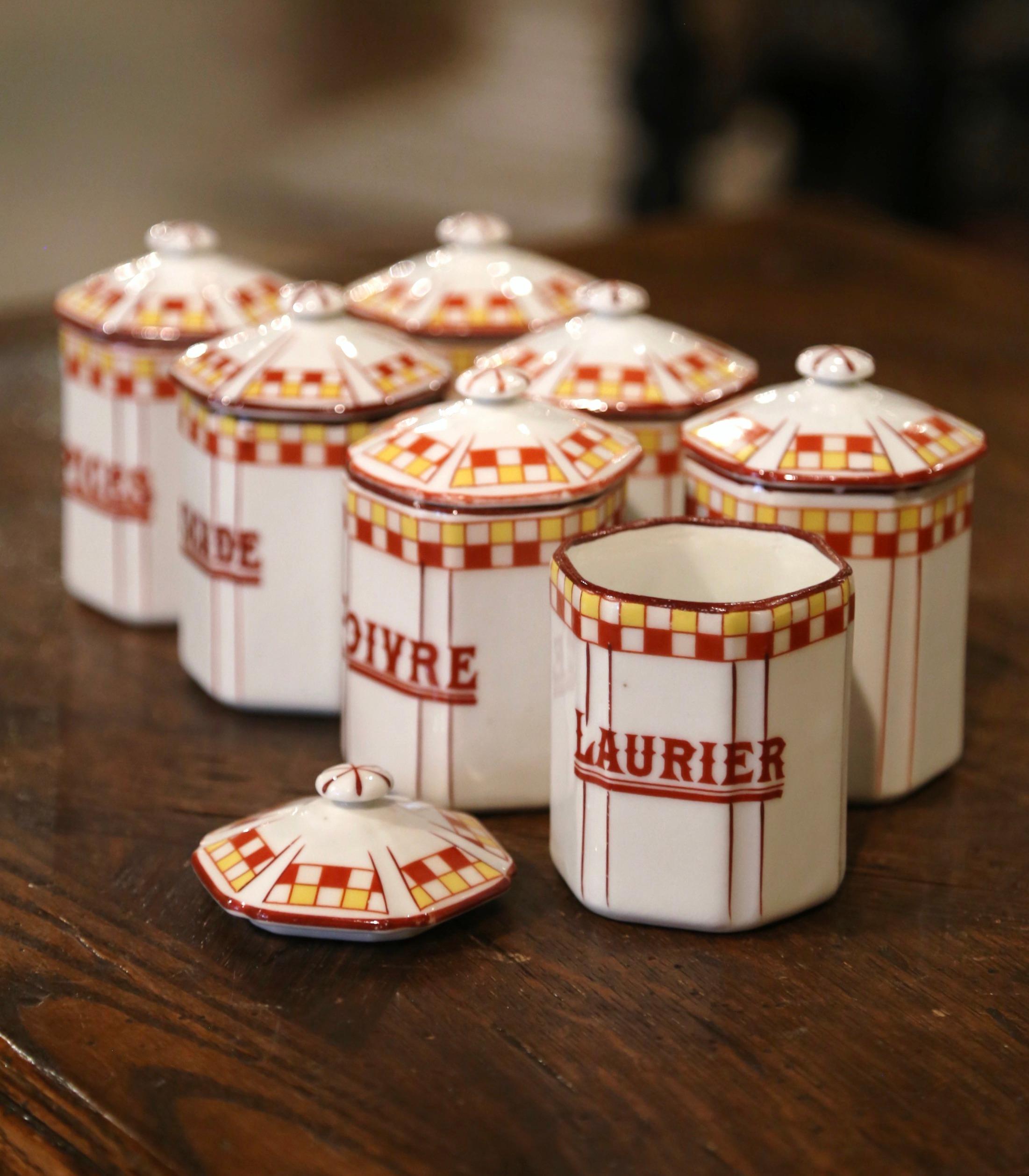 Mid-Century French Hand Painted Ceramic Canister - Set of 12 Pieces For Sale 5